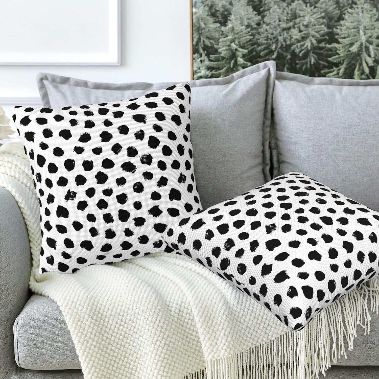 Polka Dots Decorative Throw Pillow Cover Case Brush Strokes Dots Cotton Linen Outdoor Pillow Cases Square Cushion Covers for Sofa Couch Bed Car 18x18 inch Black