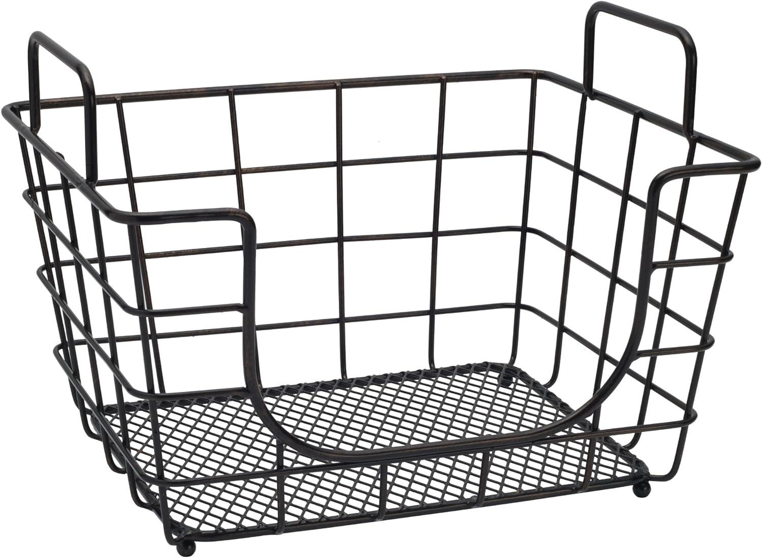 Gourmet Basics by Mikasa Madam Metal Stacking/Nesting Rectangular Basket with Acacia Lid, Antique Black