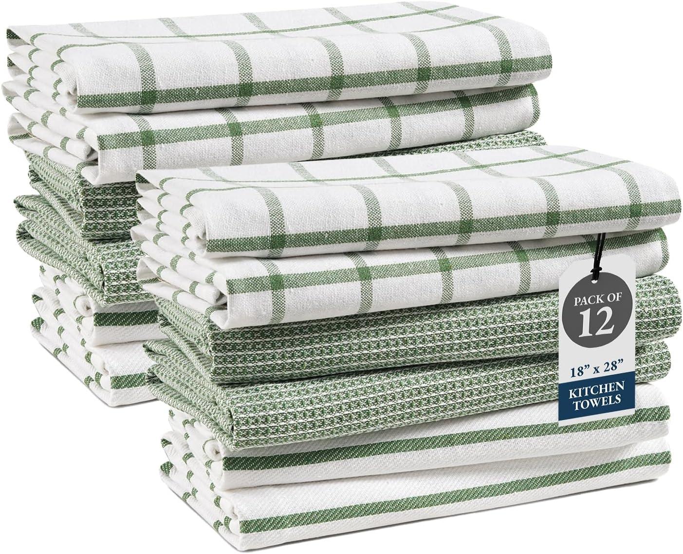 Kitchen Towels Set - Pack of 12 Cotton Dish Towels for Drying Dishes, 18”x 28”, Kitchen Hand Towels, Quick Drying Kitchen Towel Set - Olive