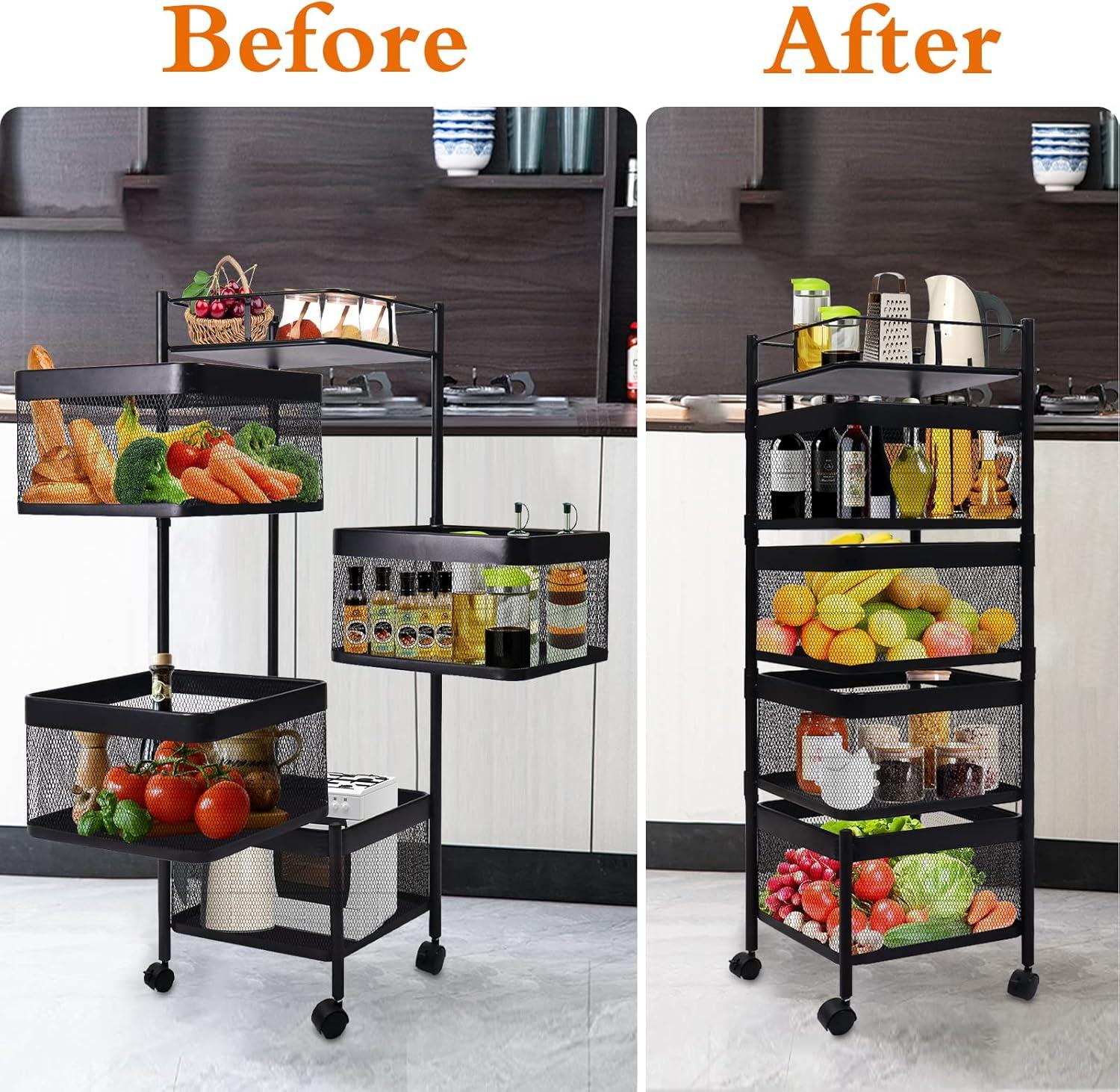 Black Metal 4-Tier Rotating Kitchen Storage Cart with Swing Out Shelves