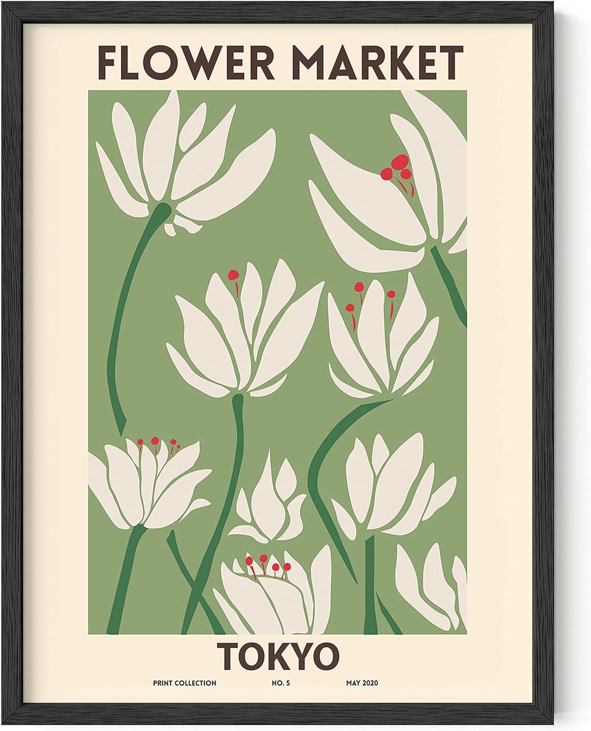 HAUS AND HUES Flower Market Poster Botanical Decor - Flower Wall Art, Flower Poster Vintage & Flower Prints Wall Art Sage Green Wall Art & Floral Prints UNFRAMED 12"x16" (Flower Market Sage)