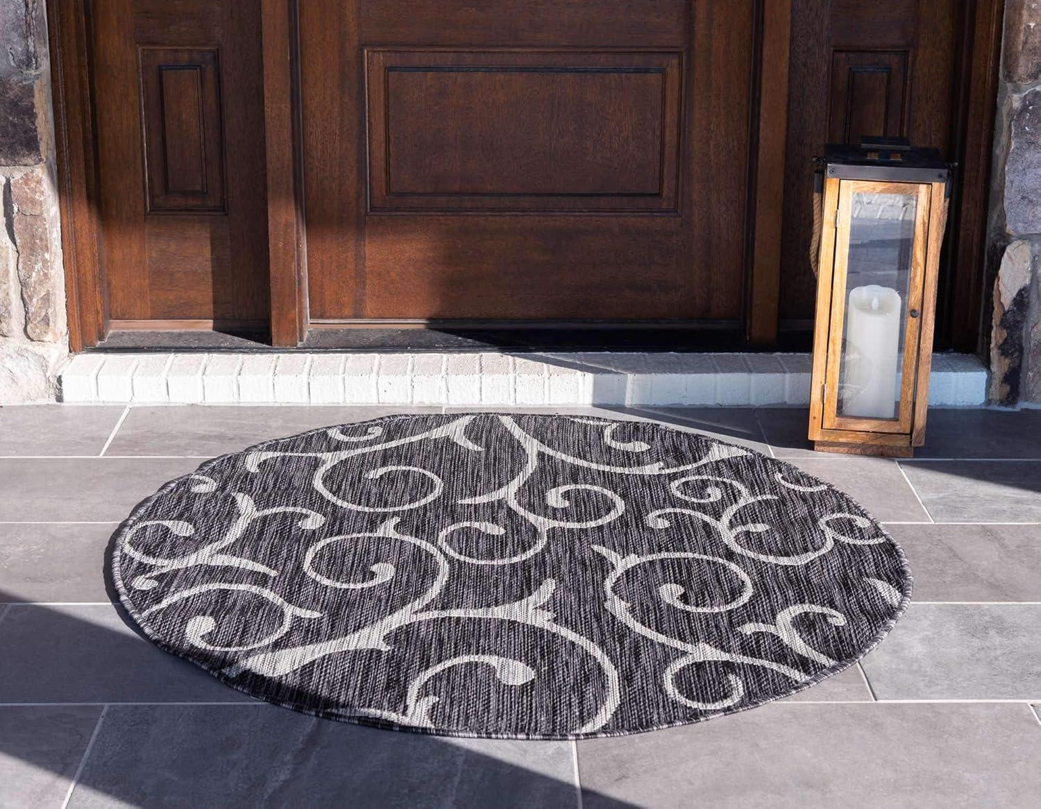 Unique Loom 4' 0 x 4' 0 Round Indoor/Outdoor Botanical Charcoal Gray Area Rug