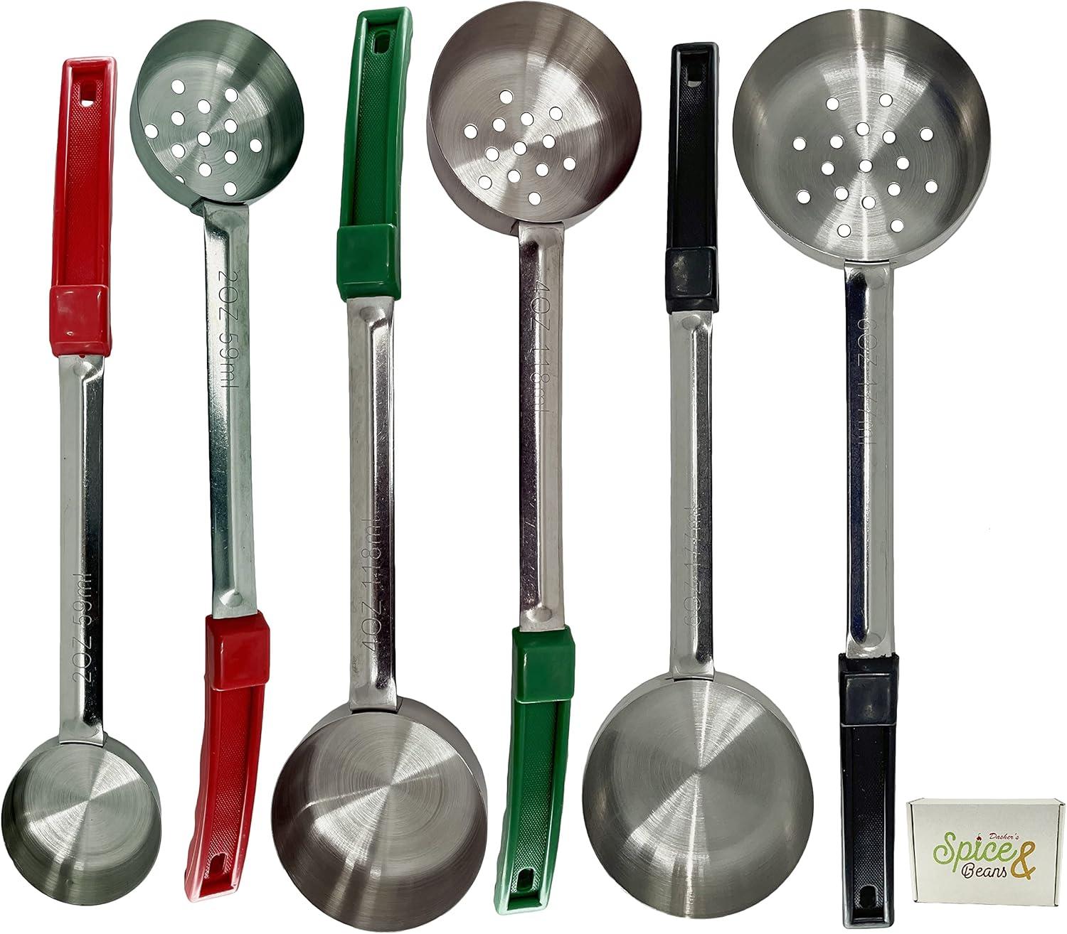 Stainless Steel Portion Control Serving Spoon Perforated & Solid 6-Piece Combo Set 2oz, 4z, 6oz