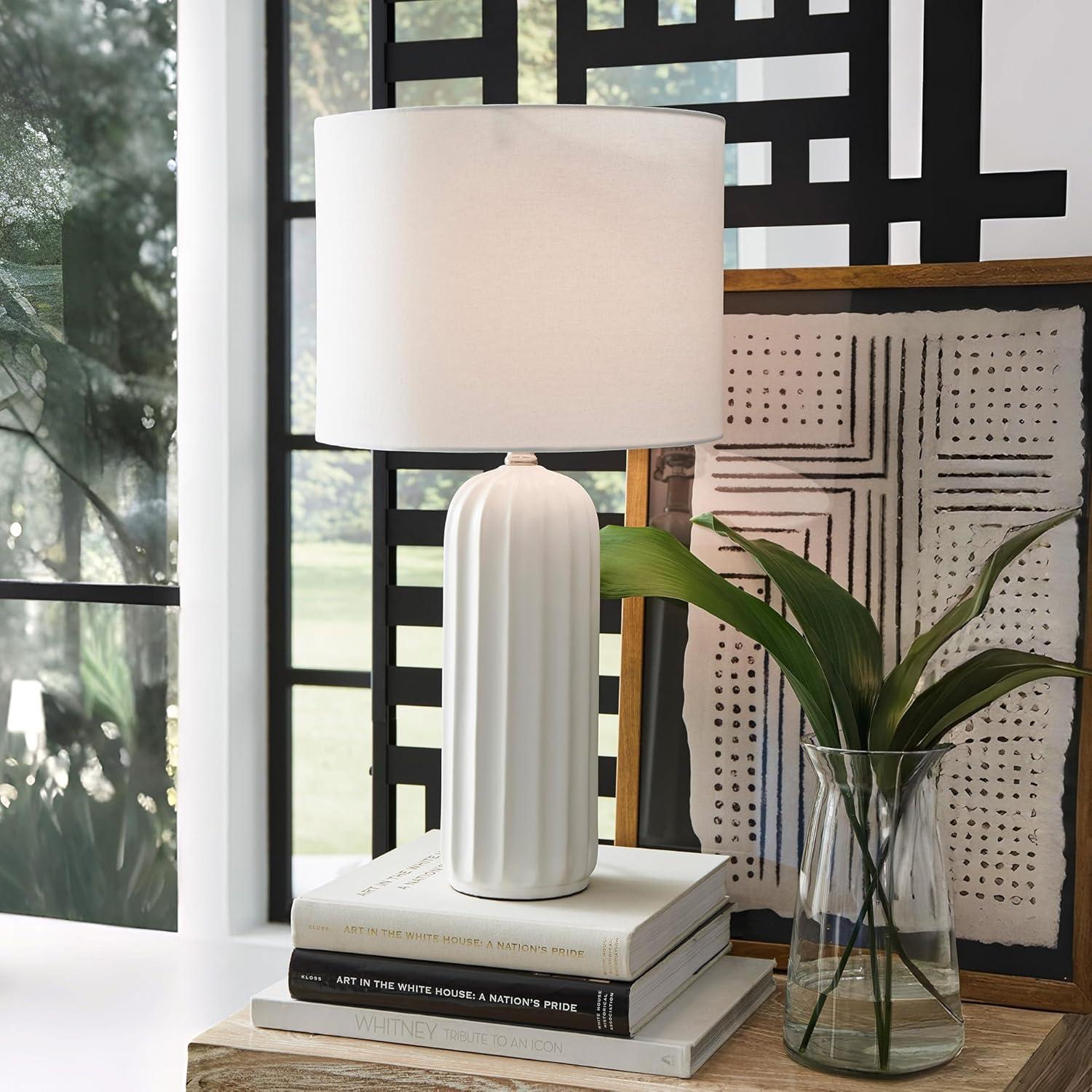 Signature Design by Ashley (Set of 2) Clarkland Table Lamps White: Contemporary Ceramic, Drum Shade, 3-Way Switch