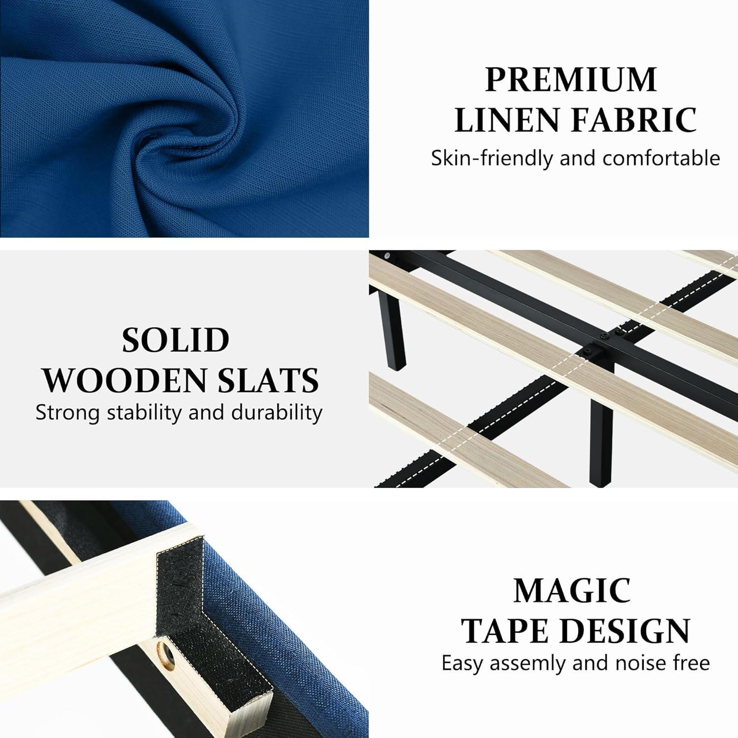 King Size Bed Frame, Upholstered Platform Bed Frame King with Button Tufted Headboard, Wooden Slats Support, No Box Spring Required, Easy Assembly, Navy Blue