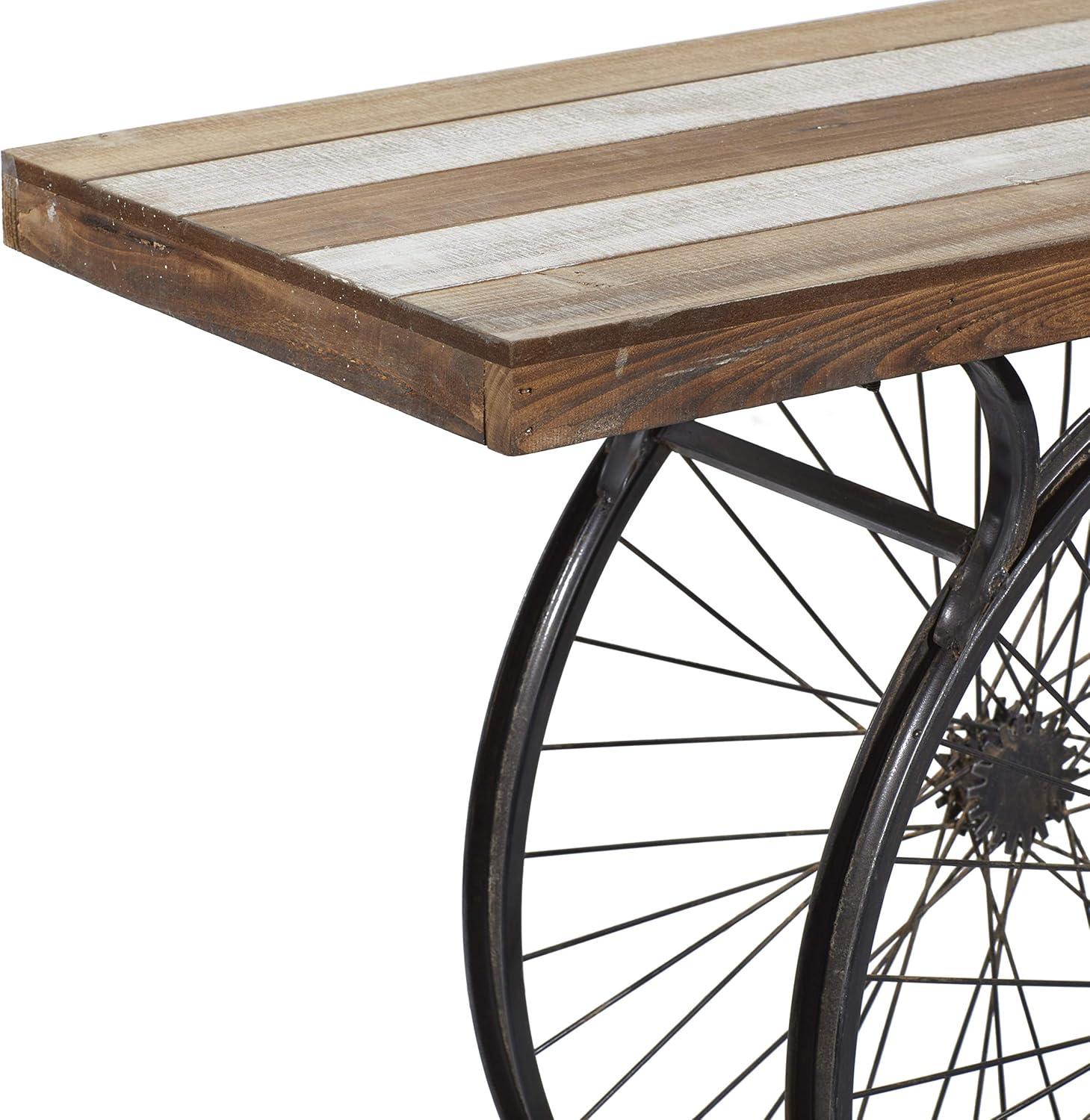 Olivia & May Industrial Wheel Console Table Brown: Iron Frame, Wood Top, Entryway Furniture