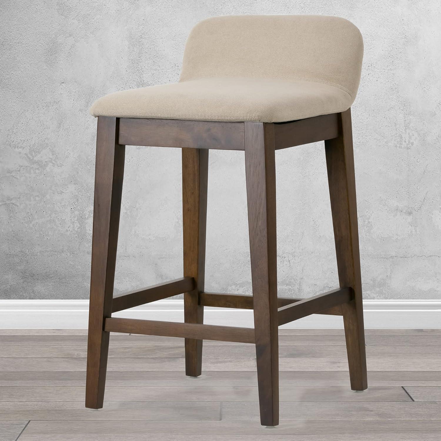 Set of 2 Dark Brown Wood Counter Stools with Beige Fabric Seats