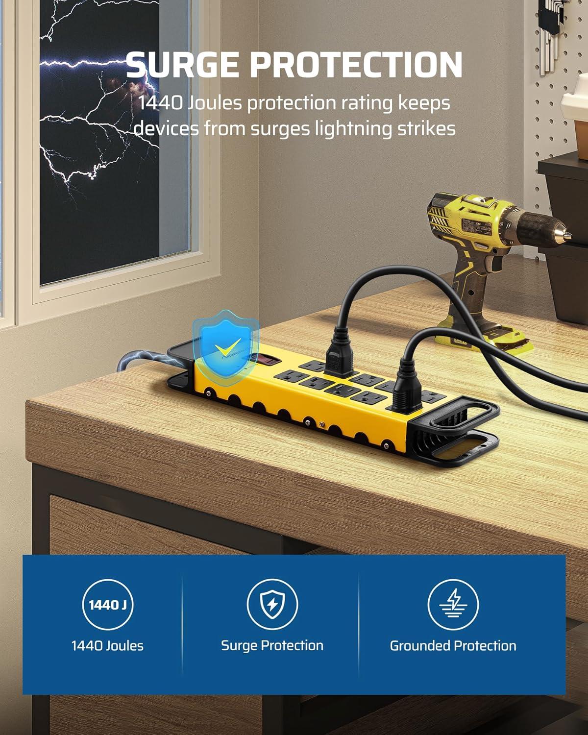 DEWENWILS 10 Outlets Heavy Duty Metal Surge Protector Power Strip with 15ft Long Cord, Flat Plug, 1440Joules