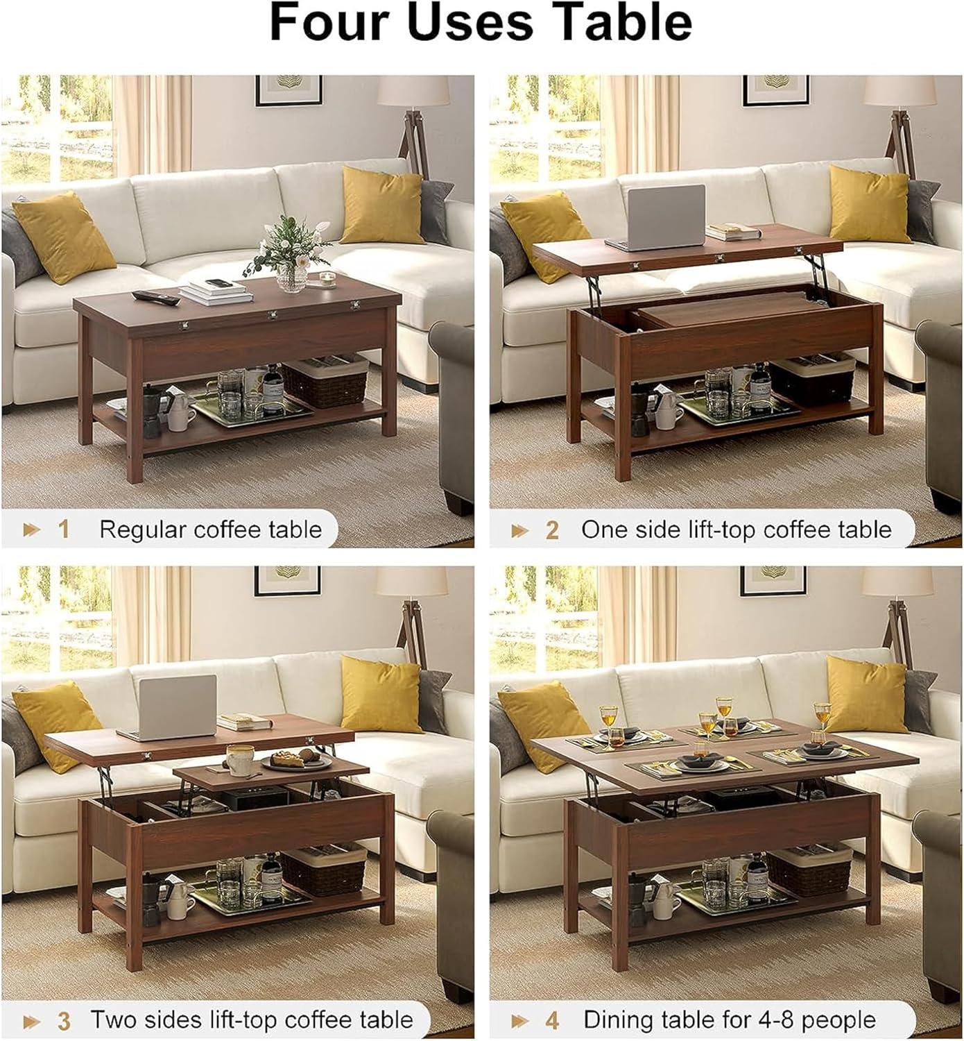 FABATO 4-in-1 Lift Top Rectangular Multi-Function Convertible Coffee Table with Storage Shelf for Living Room, Reception Room & Office, Espresso