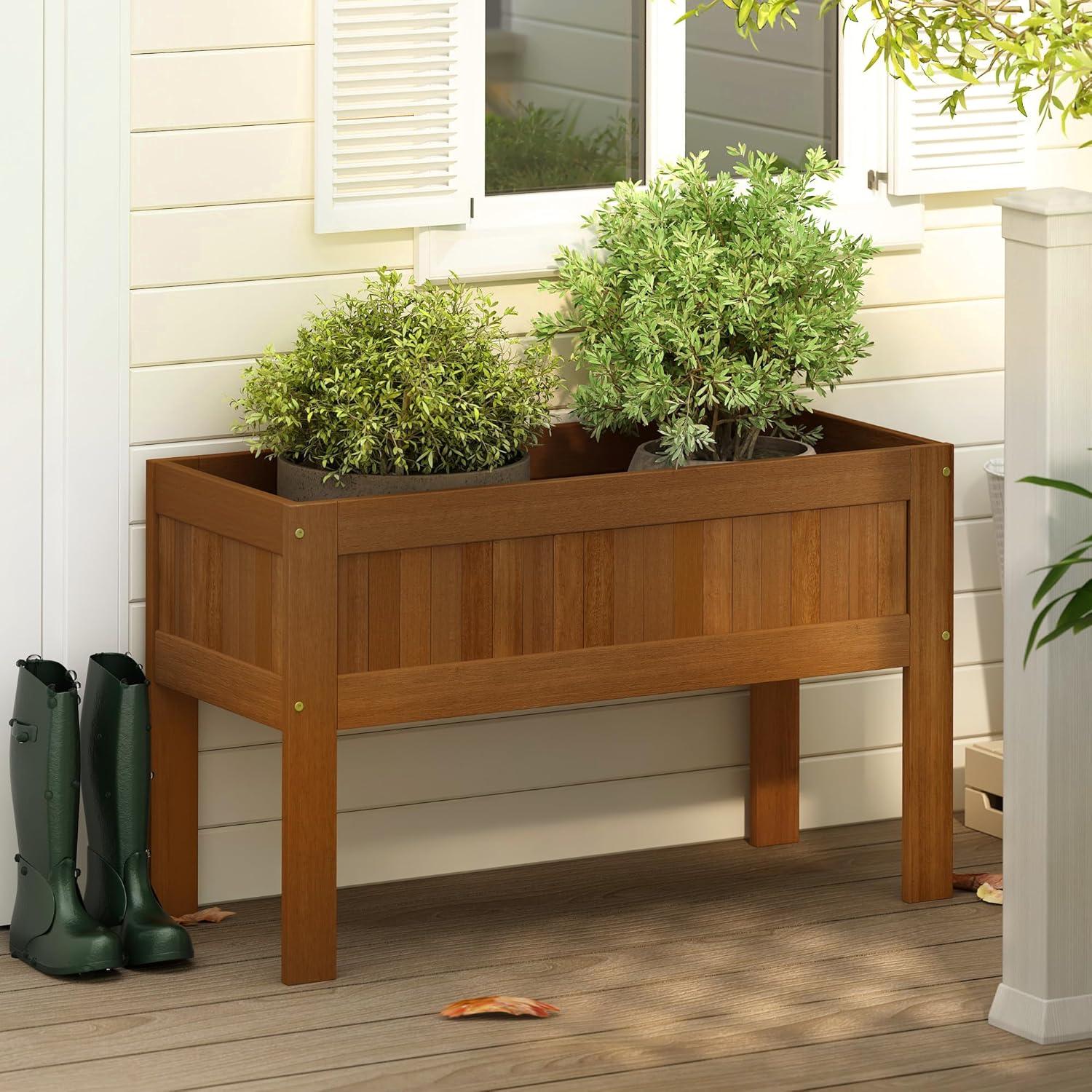 Furinno Tioman Outdoor Elevated Standing Planter Box, Raised Garden Bed with Legs, Natural