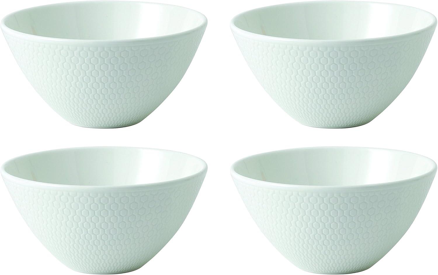 White Geometric Ceramic Round Serving Bowls, Set of 4