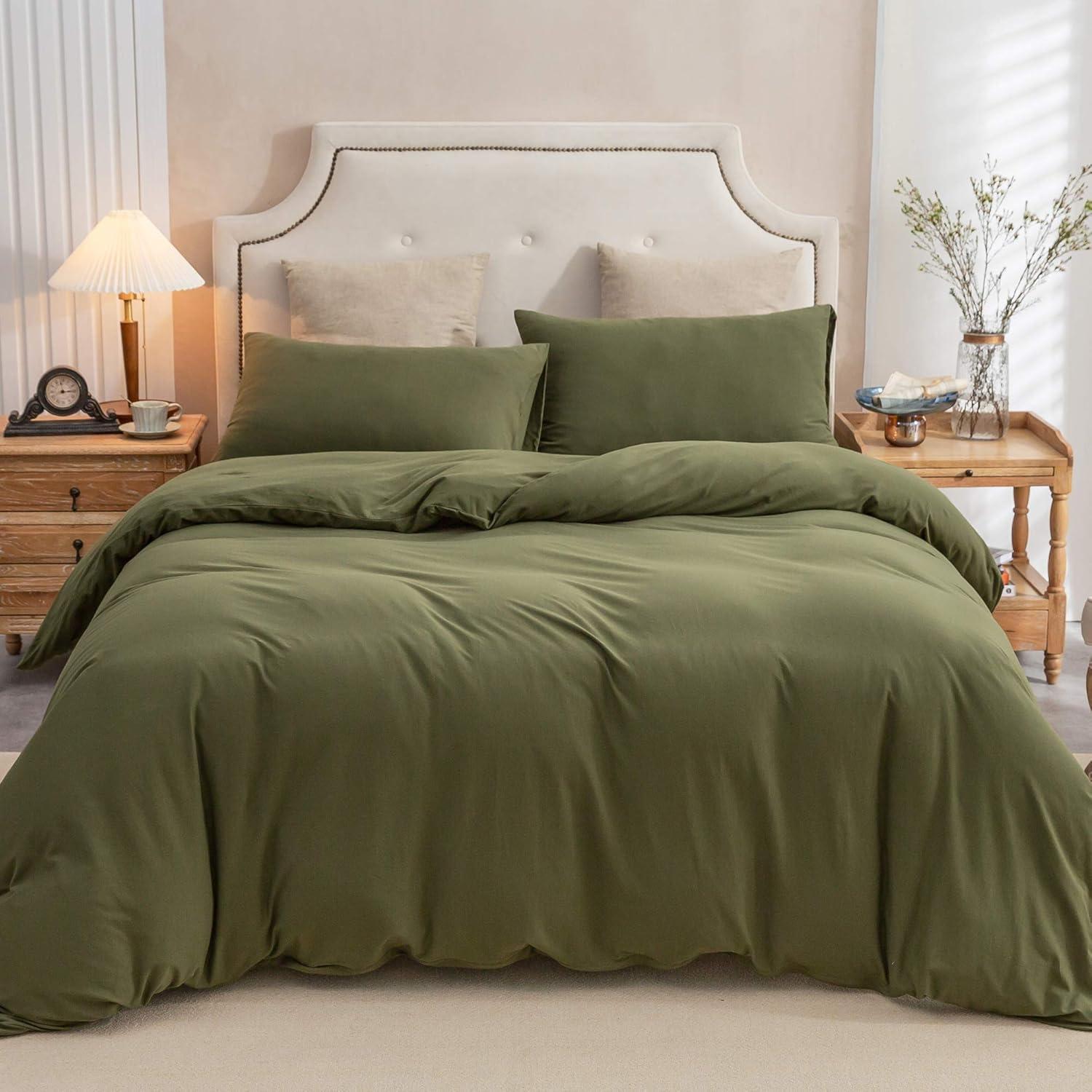 PURE ERA Jersey Knit Duvet Cover Set 100% T-Shirt Cotton Super Soft Comfy 2pc Bedding Set with Zipper Closure (Solid Olive Green, Twin)
