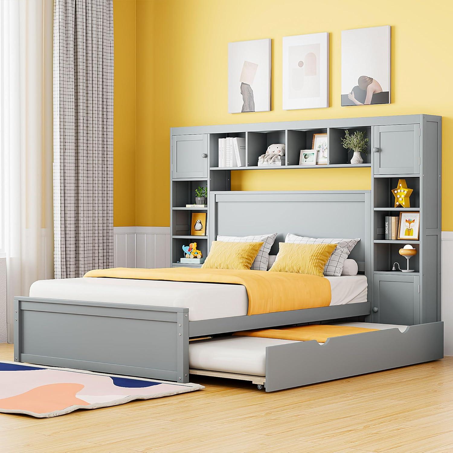 Gray Full Platform Bed with Storage and Trundle