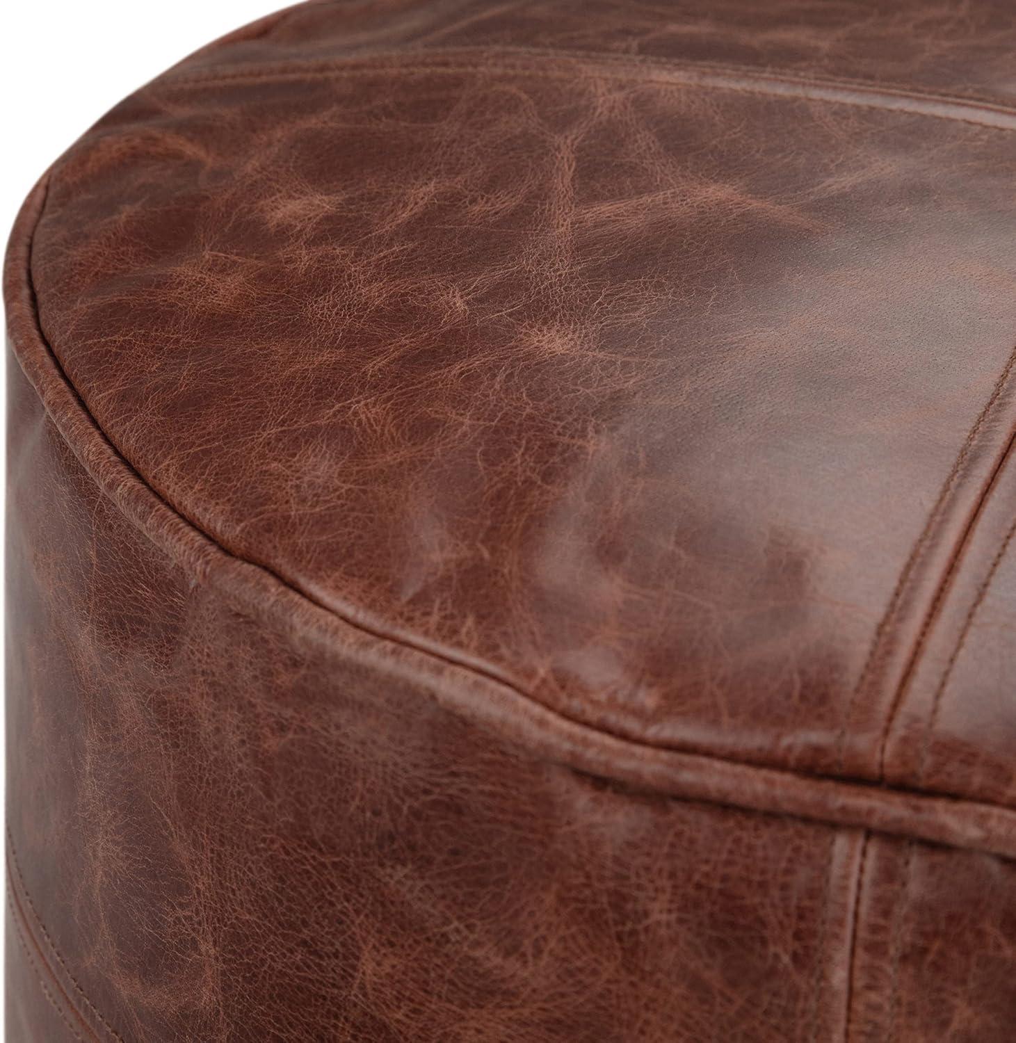 Connor Boho Round Pouf in Distressed Brown Genuine Leather