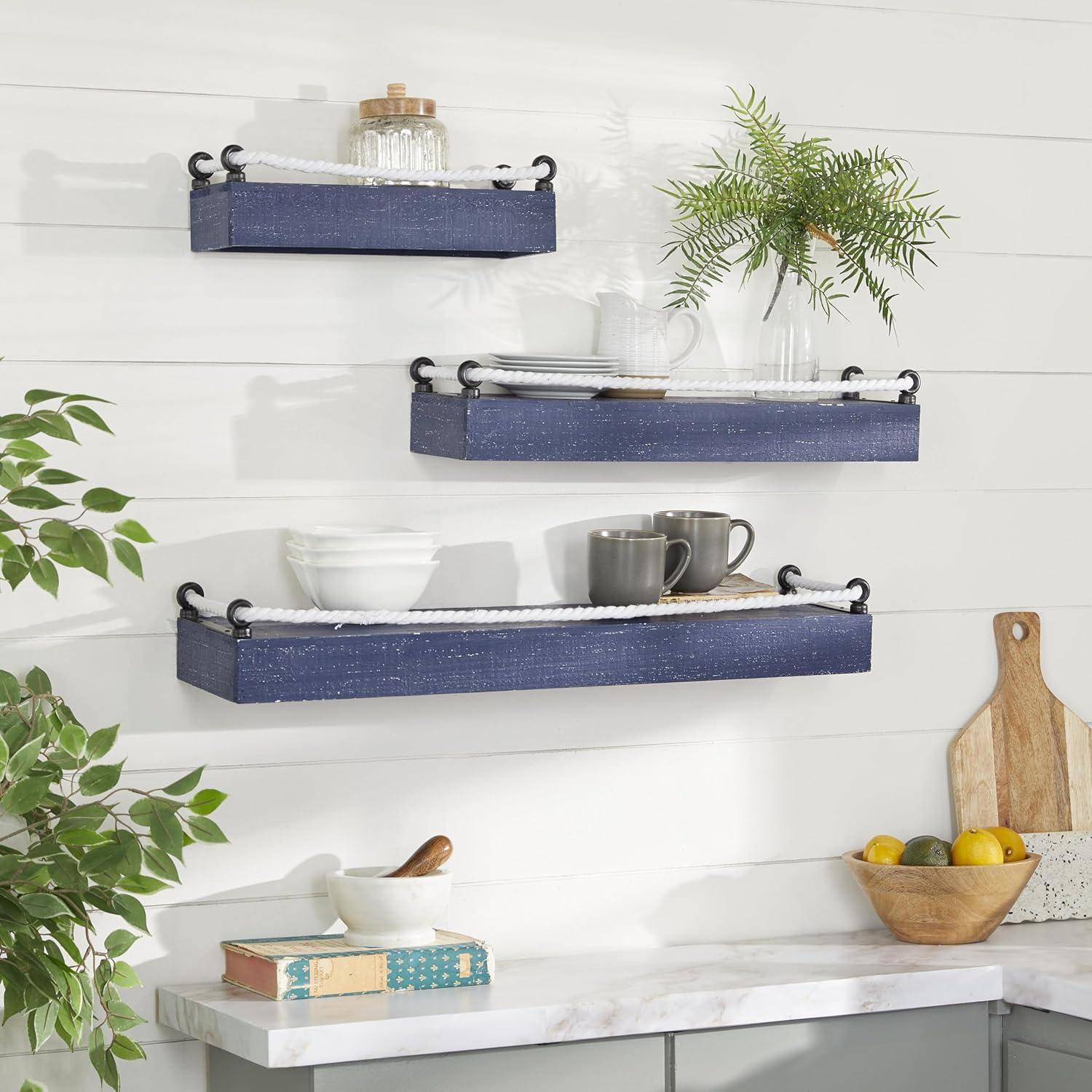 DecMode 32", 25", 17"W 3-Tier Blue Wall Shelf with Knotted Rope (3 Count)