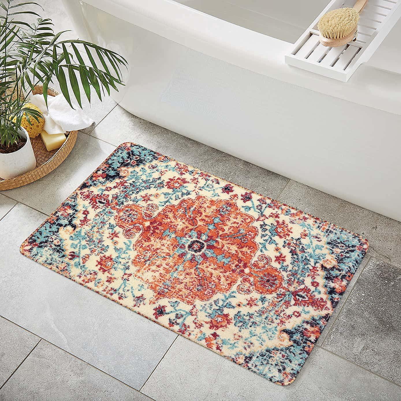 Moynesa 2'x3' Bohemian Area Rug, 2x3ft Small Boho Washable Bathroom Entryway Kitchen Rug,Floral Medallion Non Slip Pet Friendly Vintage Throw Carpet for Front Door Sink Living Room Bedroom, Orange