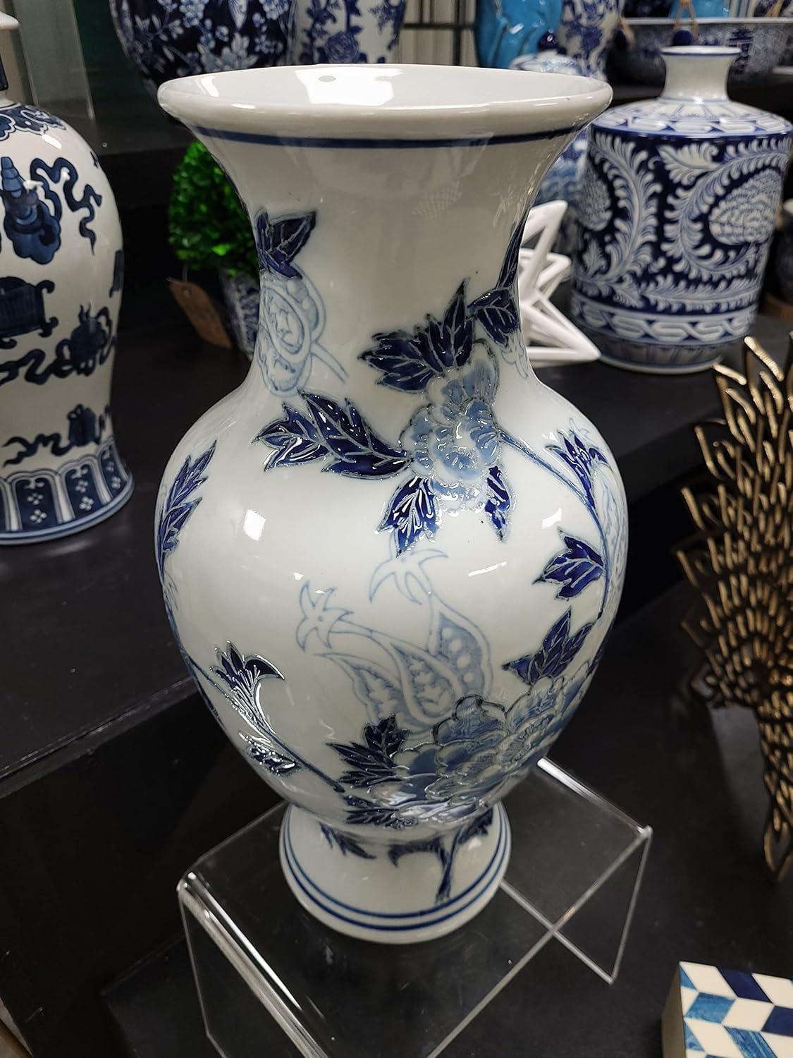Dark Blue Floral Chinoiserie Ceramic Vase with White Accents