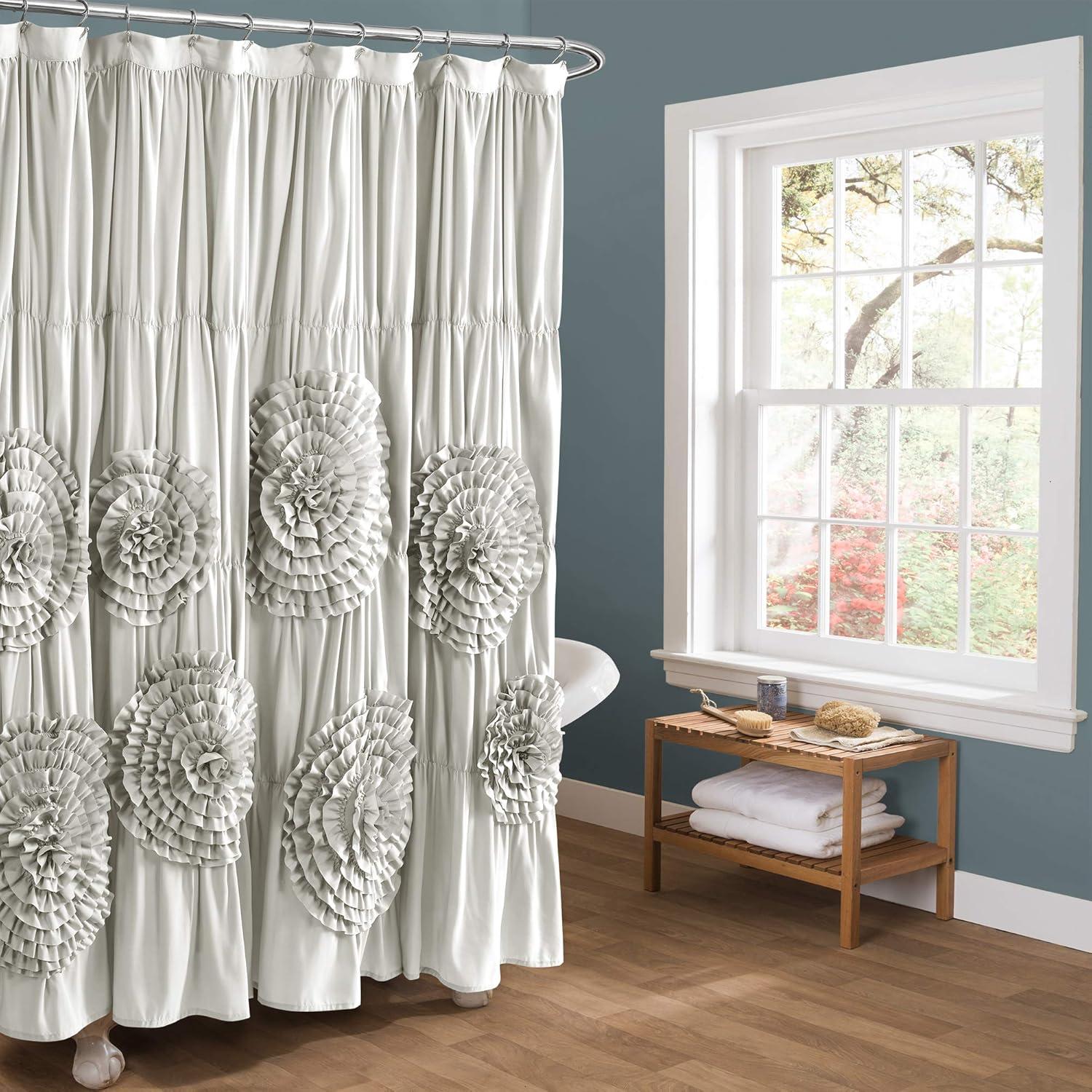 Light Gray Ruffled Floral Polyester Shower Curtain