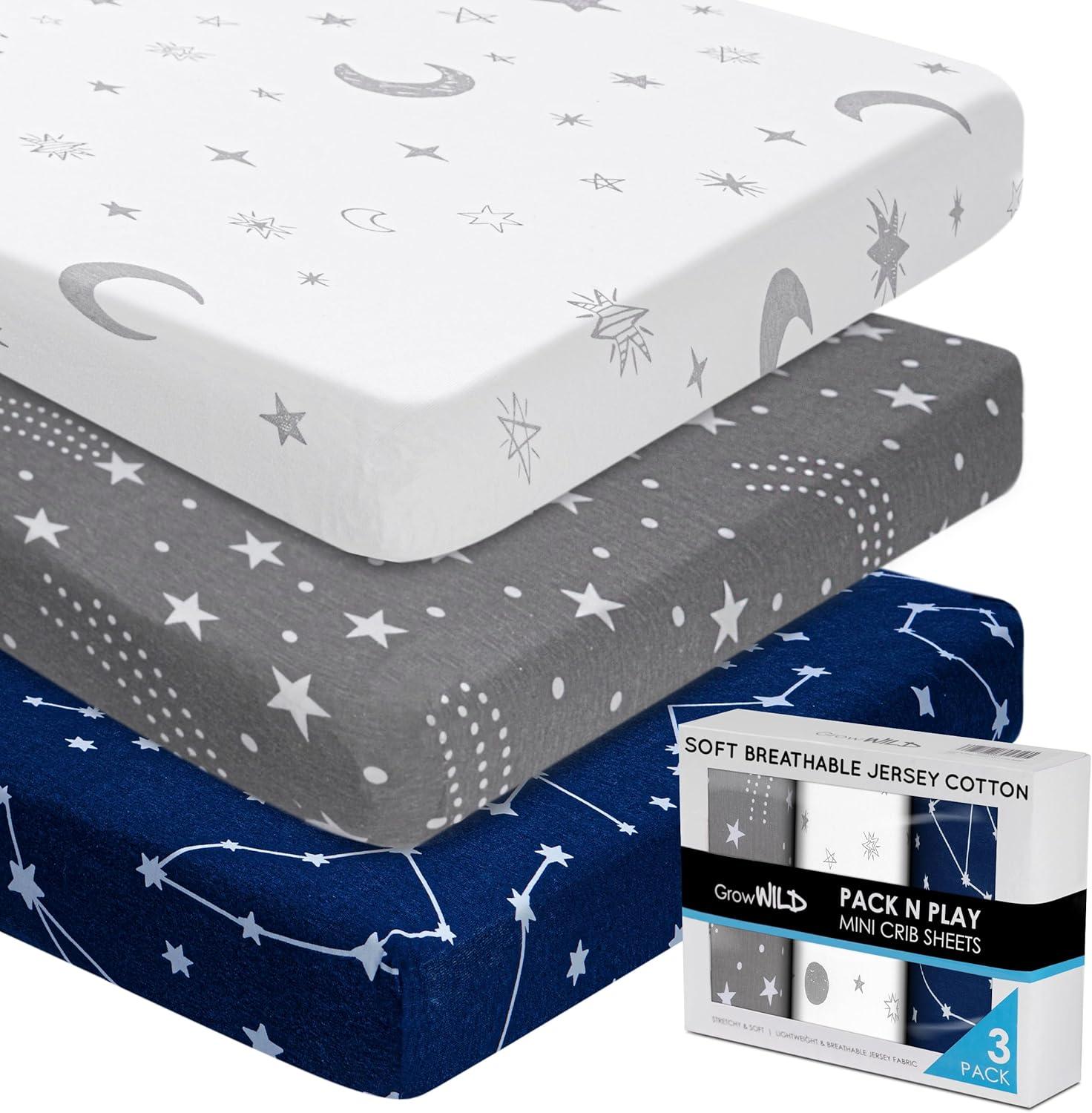 GROW WILD Pack n Play Fitted Sheets 3 Pack - 38” x 24" Jersey Cotton Crib Sheets