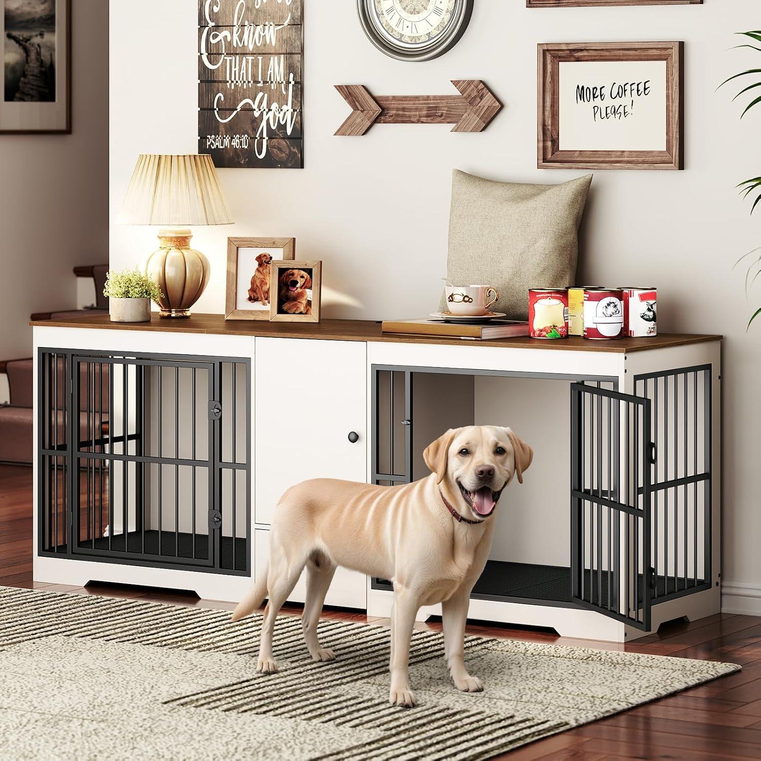 Tucker Murphy Pet™ 72.8 Inch Dog Crate Furniture For 2 Dogs, Farmhouse Double Dog Cage Furniture With Storage Cabinet And Drawer, Wooden Dog Kennel Tv Stand With Power Outlet