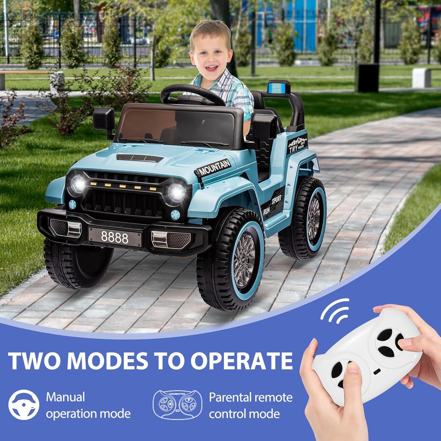 Huloretions Kids 12V Ride On Car, Hetoy Battery Powered Electric Truck Car w/Parent Remote Control, Spring Suspension, 3 Speeds, LED Lights, Music & Horn, Kids Electric Vehicles Toy Gift for Boys Girl