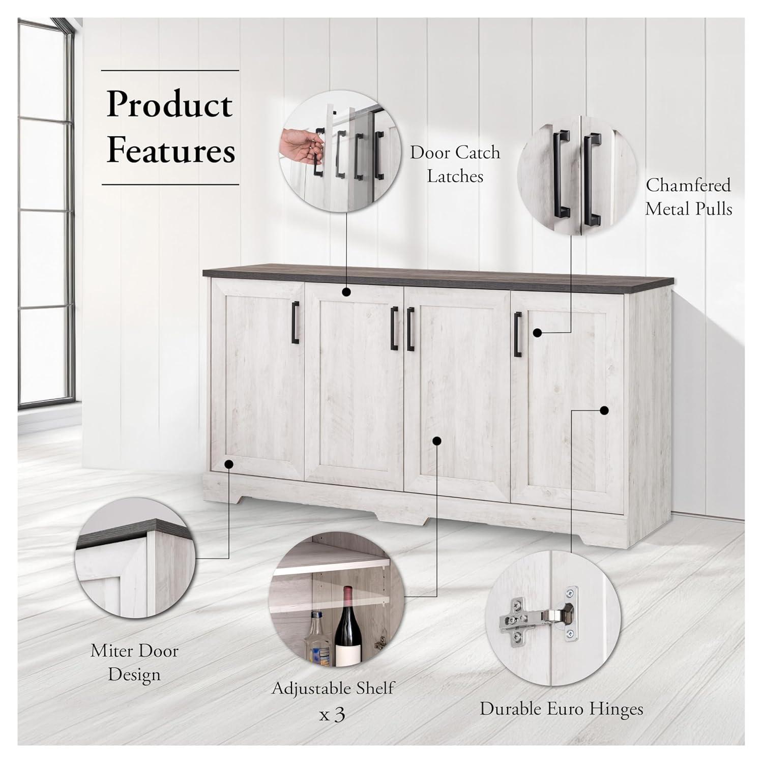 Prepac Rustic Ridge 4 Door Console Table with Storage, Washed White Storage Cabinet with Doors and Shelves, Sideboard Storage Cabinet 66" W x 31.75" H x 16" D, ACBG-1620-1