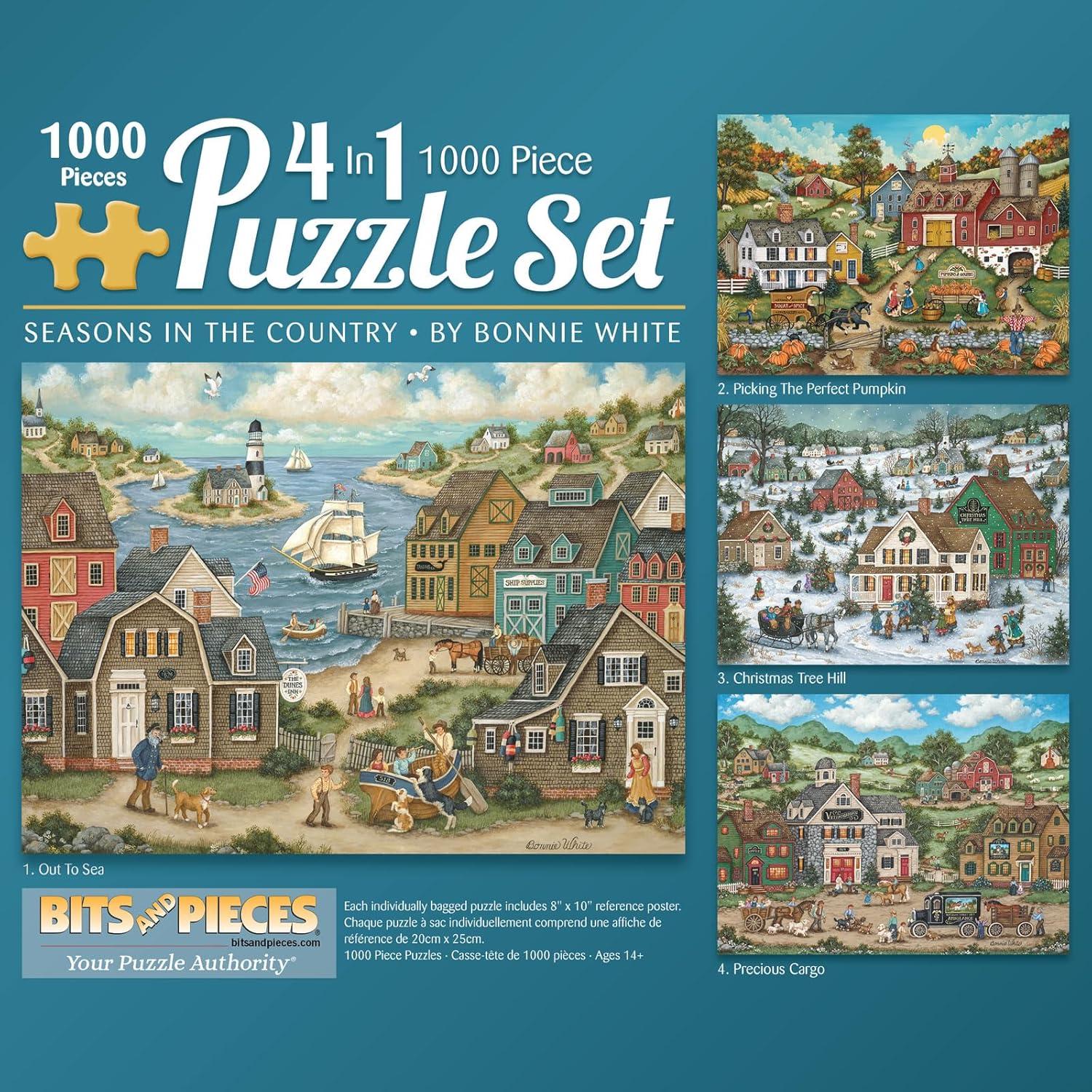 Bits and Pieces Set Of 4 1000 Piece Jigsaw Puzzles Seasons in The Country by Bonnie White 20" x 27"