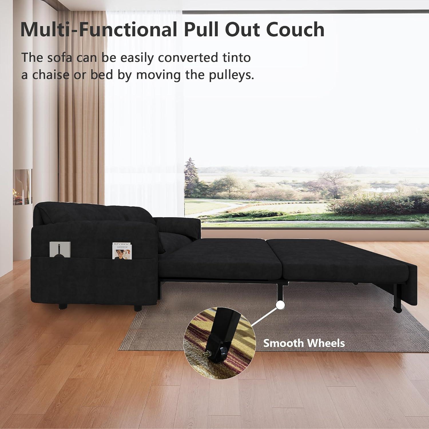 Tabaray 63.8" Futon Sofa Bed Queen Size, Pull Out Bed, 3-in-1 Convertible Sleeper Sofa with Side Pocket, Modern Plush Velvet Futon Couch for Living Room, Small Space, Apartment, Bedroom, Black