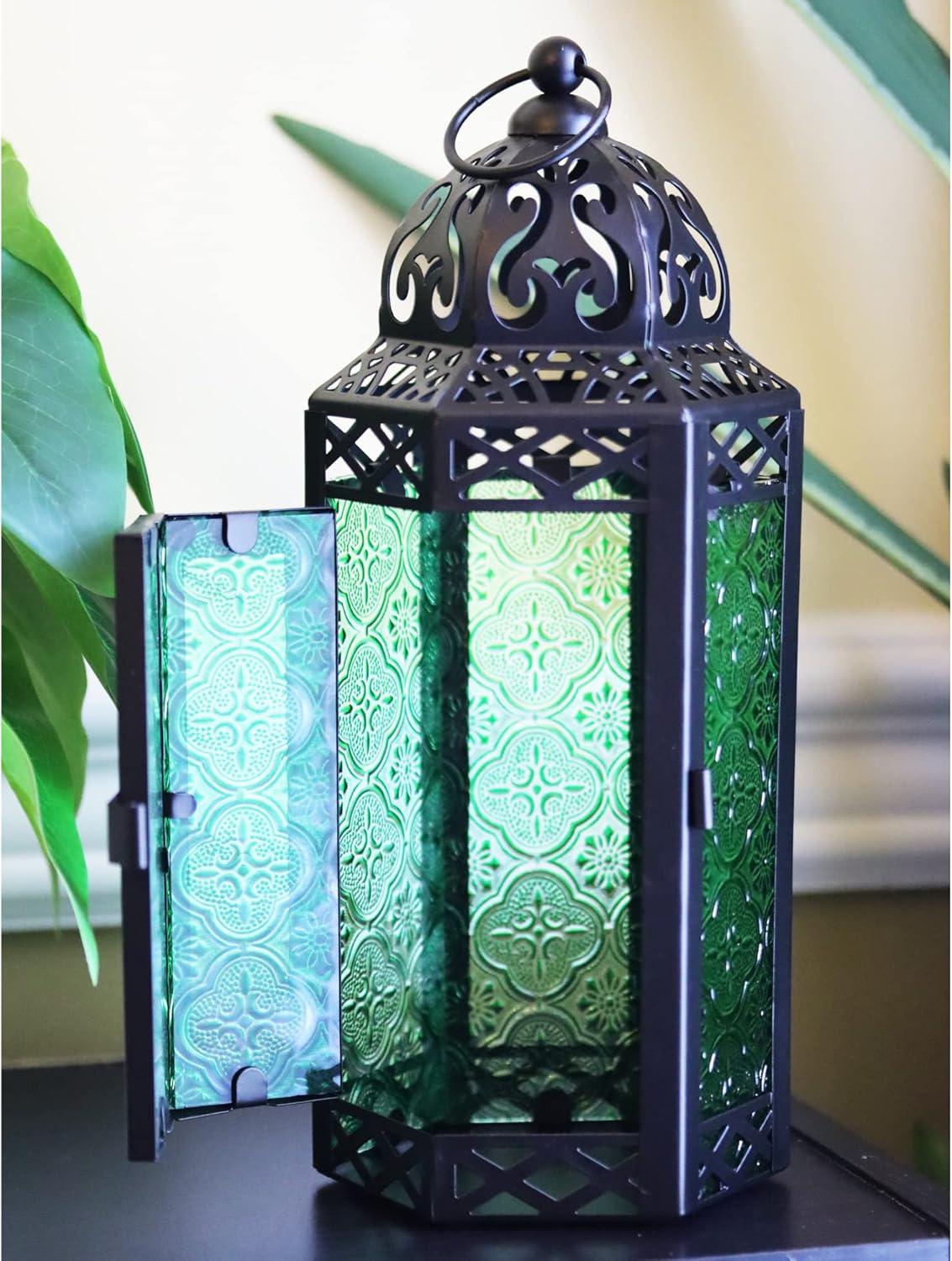 10.5" Medium Moroccan Lantern Candle Holder – Black with Green Glass, Metal Decorative Lamp for Indoor/Outdoor Patio or Porch Use, Home Decor, Ramadan, Weddings