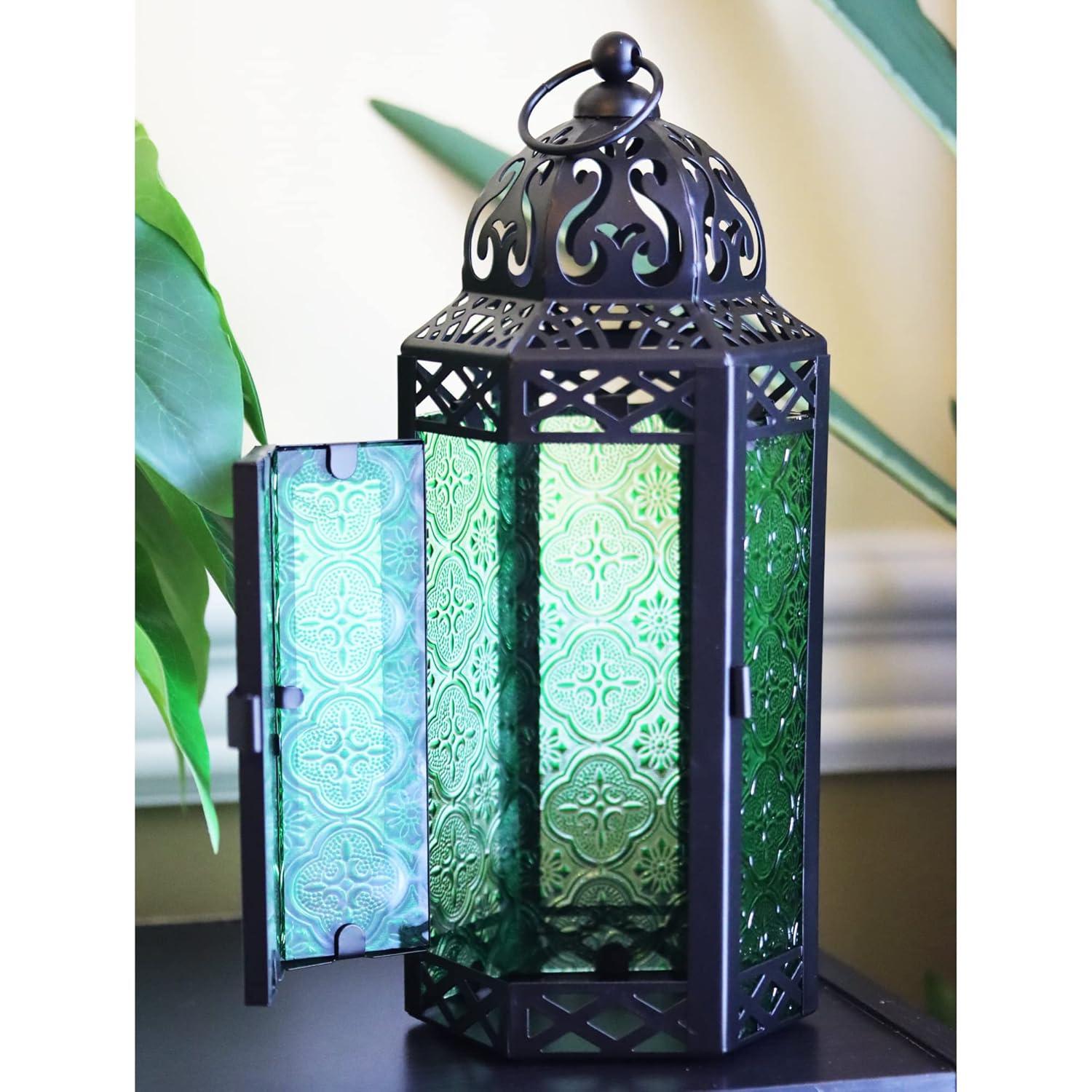 10.5" Medium Moroccan Lantern Candle Holder – Black with Green Glass, Metal Decorative Lamp for Indoor/Outdoor Patio or Porch Use, Home Decor, Ramadan, Weddings