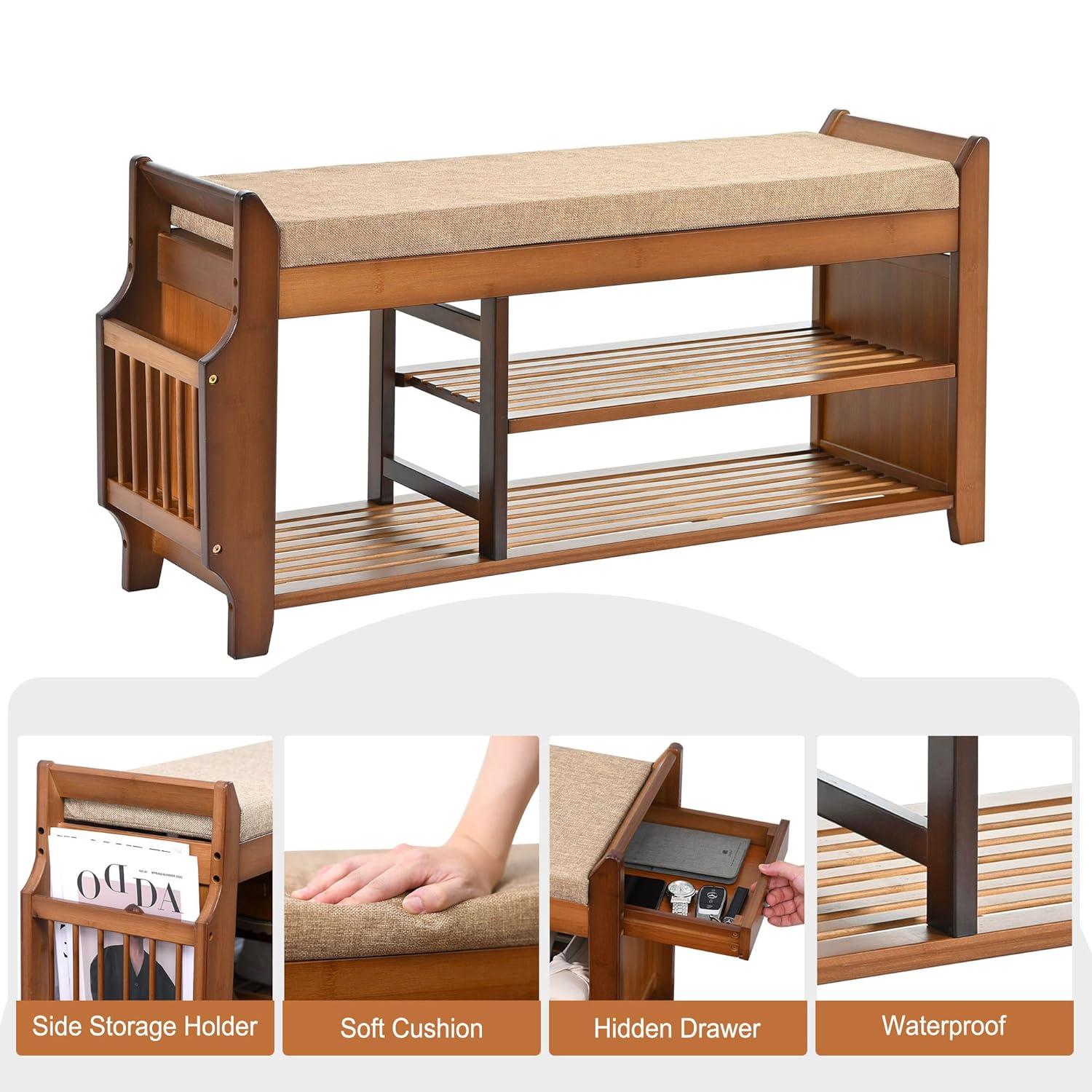 Bamboo 2-Tier Shoe Storage Bench with Hidden Drawer