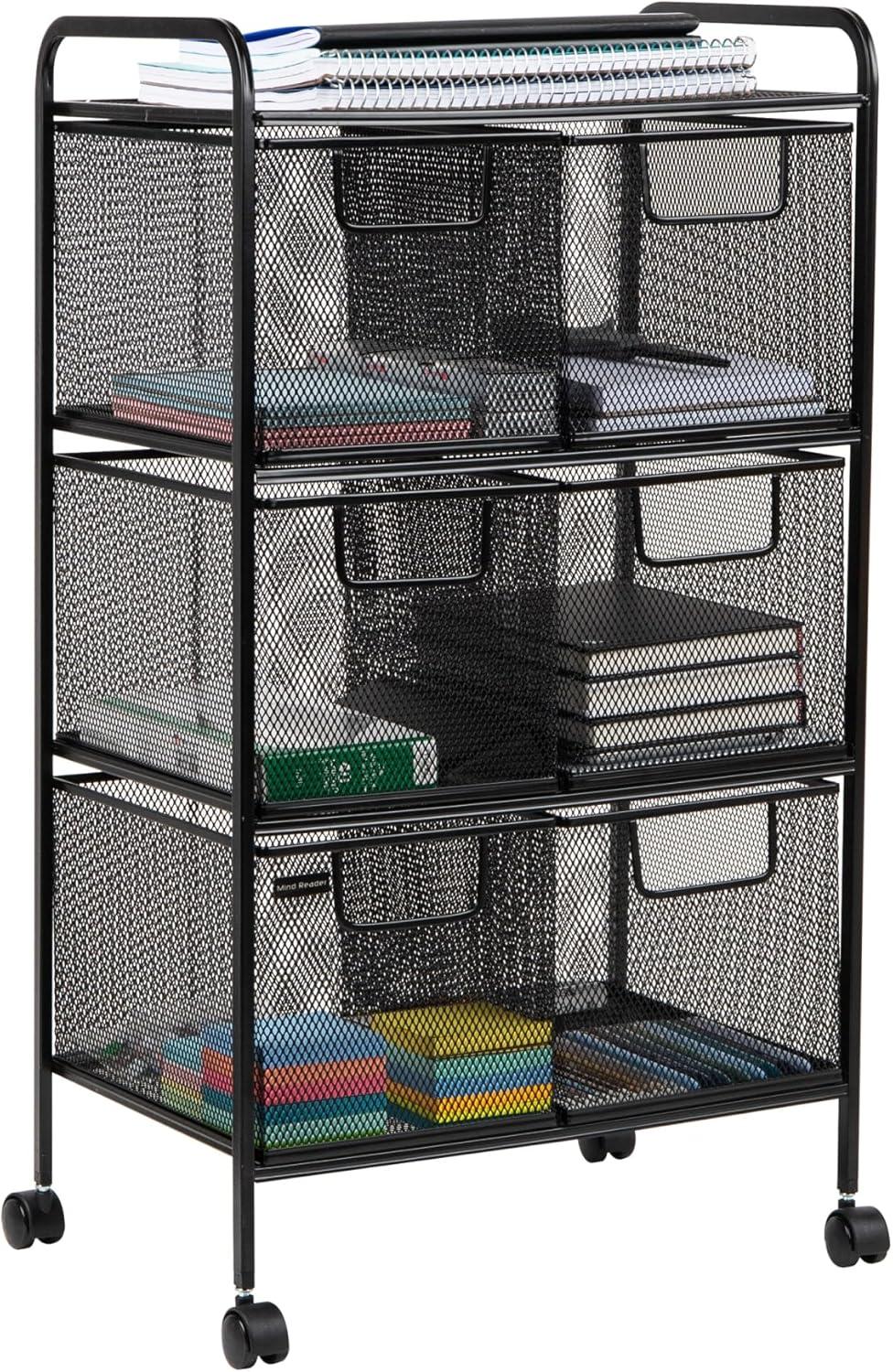 Mind Reader Metal Rolling 3-Tier File Cart with 6 Drawers, Black