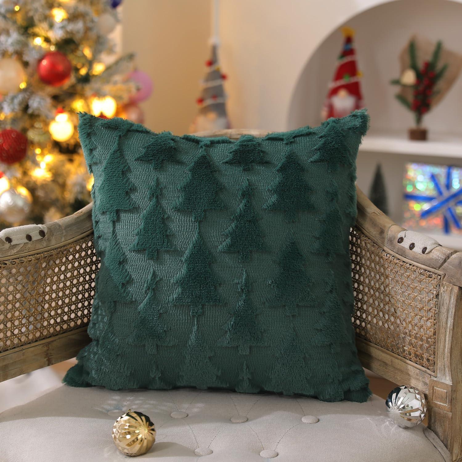 Lomyolo Farmhouse Decoration Christmas Tree Pillow Covers Pack of 2 - 18×18 Soft Faux Fuzzy Sofa Decorative Throw Cushions Cozy Fleece Fabric for Home Winter Holiday Christmas Decor