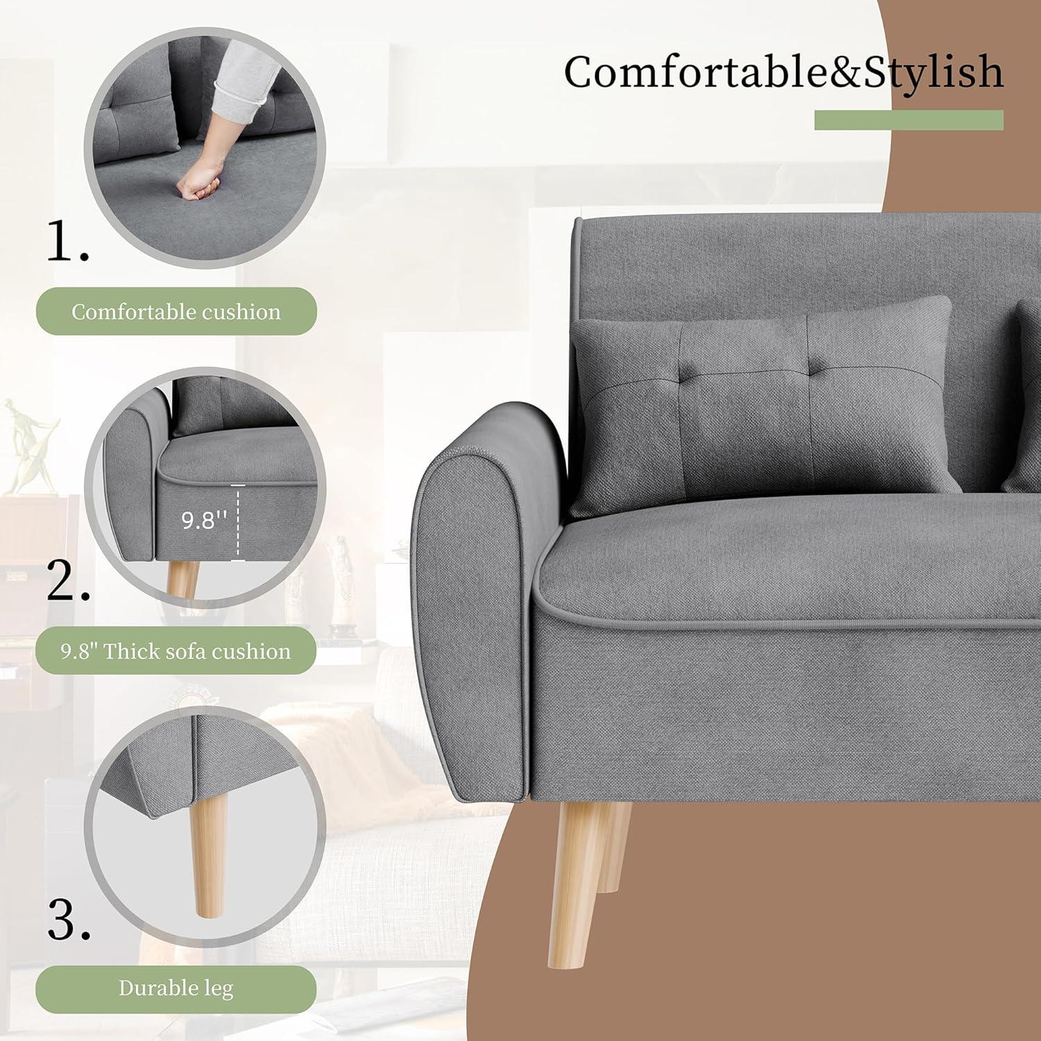 Light Grey Linen Tufted Loveseat Sofa with Wooden Legs
