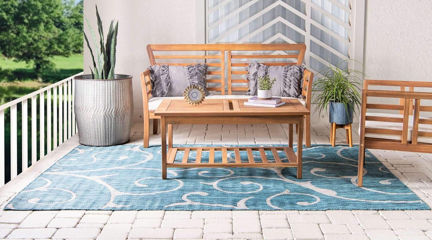 Teal Blue Synthetic 9' x 12' Easy-Care Outdoor Area Rug