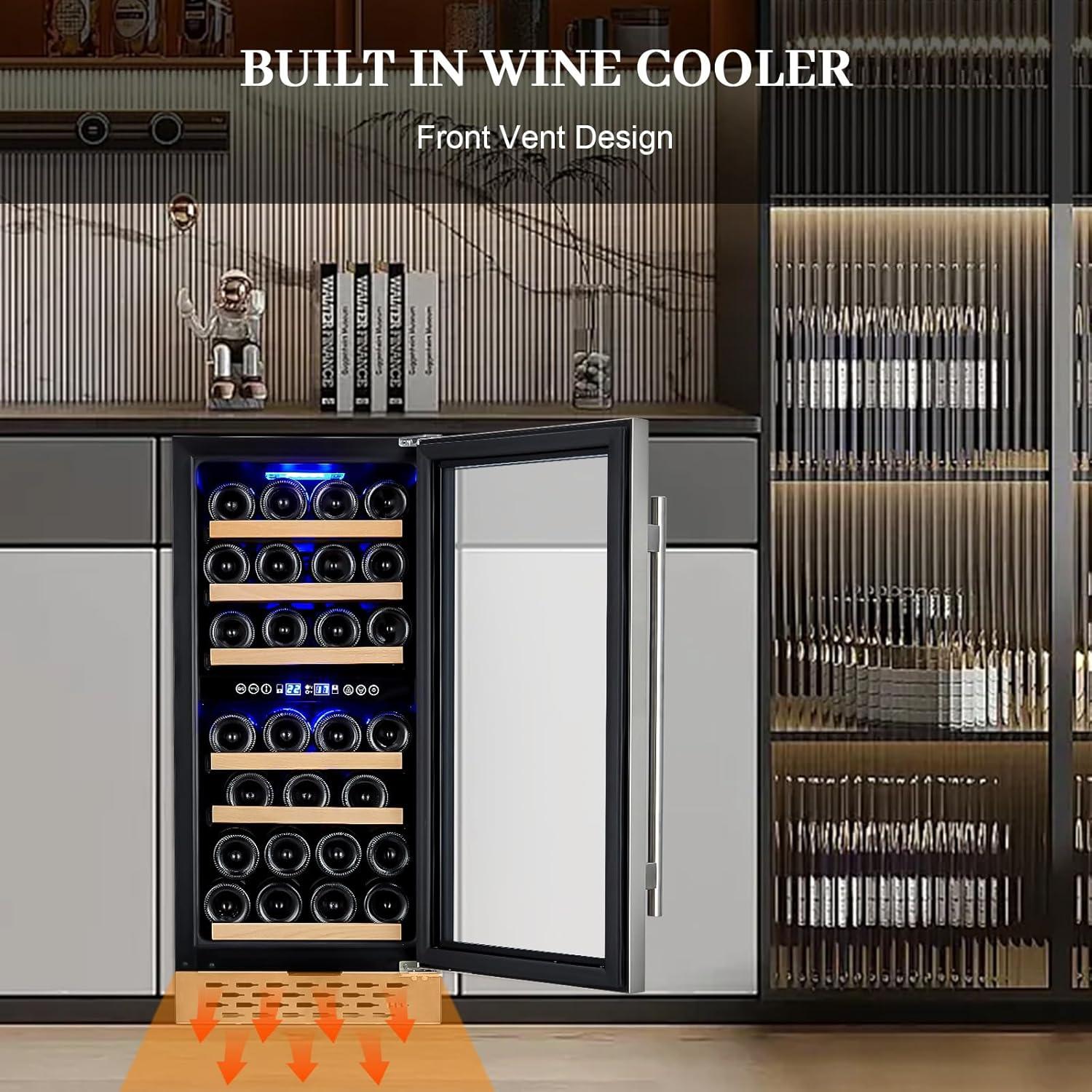 28 Bottle Wine Cooler Refrigerator - Double-Layer Glass Door, Temperature Stable, Digital Touch Control, Single Area Dual Temperature, with Safety Lock, Built-in or Freestanding
