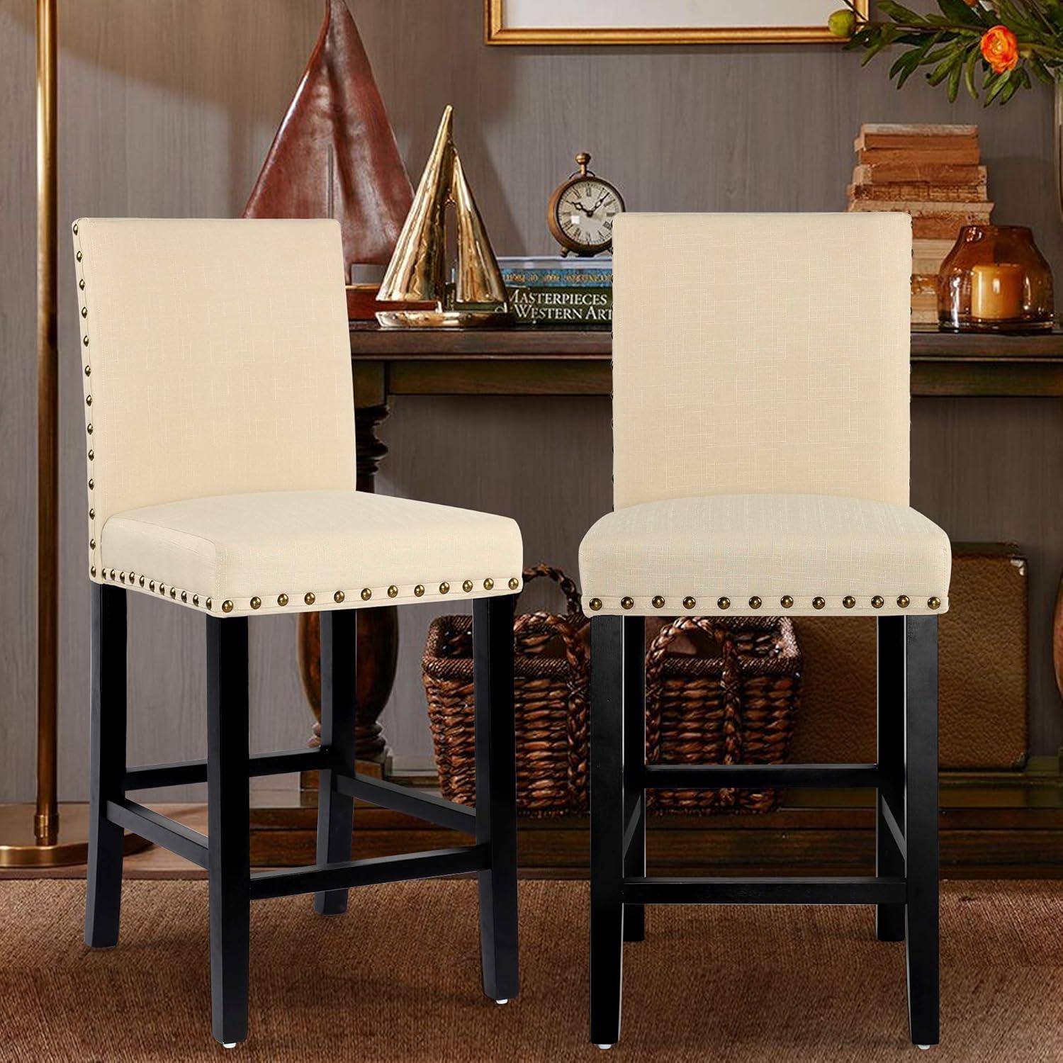 Alieon Counter Stools Nail Head Decoration 24” Soft Cushions with Solid Wood Legs (Set of 2 Beige)