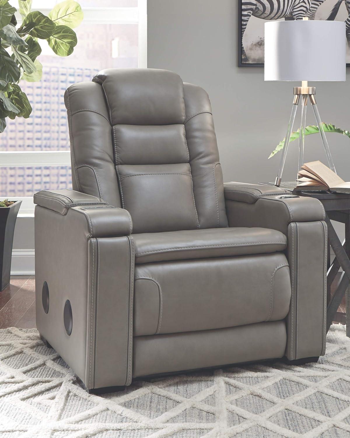 Gray Leather Power Recliner with Bluetooth Speakers