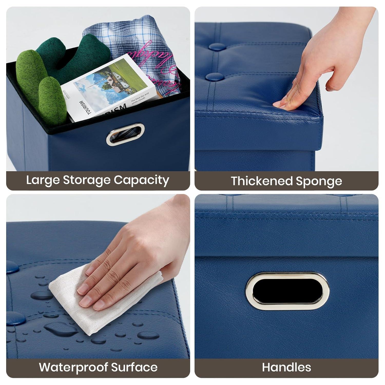 COSYLAND Storage Ottoman 17x13x13in Leather Ottoman Rectangle Footrest Footstool Folding Ottoman for Room Dorm Small Collapsible Bench Seat Organizer Entryway Furniture with Handles Lid Royal Blue