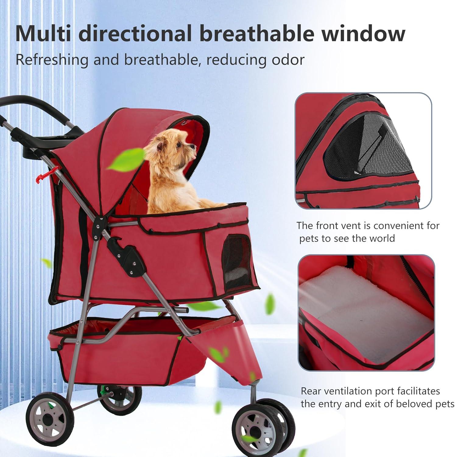 Pet Stroller Foldable Dog Stroller 3-Wheel Durable Cat Jogger Stroller For Small And Medium Dogs Cats With Washable Liner Storage Basket Cup Holder