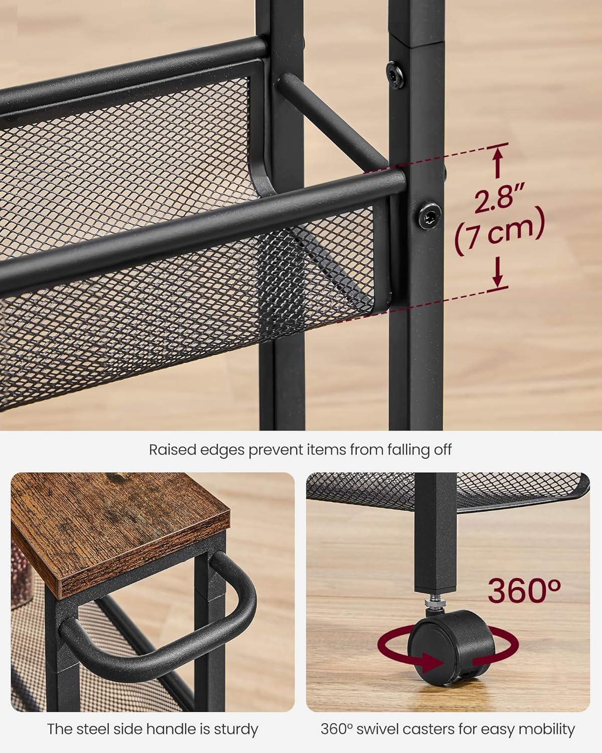 NANANARDOSO 4 Tier Slim Storage Cart, Shelving Unit for Small Space, Rolling Cart with Wooden Top and Metal Handle for Narrow Space on Kitchen, Bathroom, Laundry Room, Black.