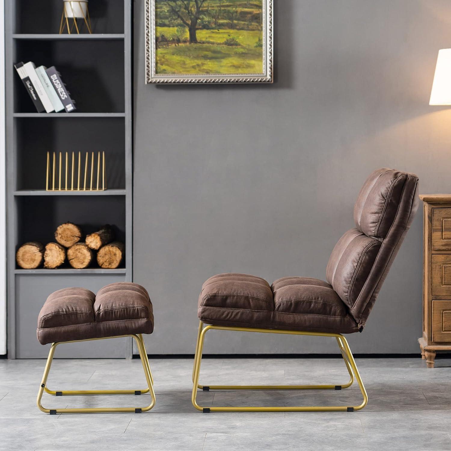 Mcombo Accent Chair with Ottoman, Club Chair with Golden Metal Legs, for Living Room 4013 (Brown)