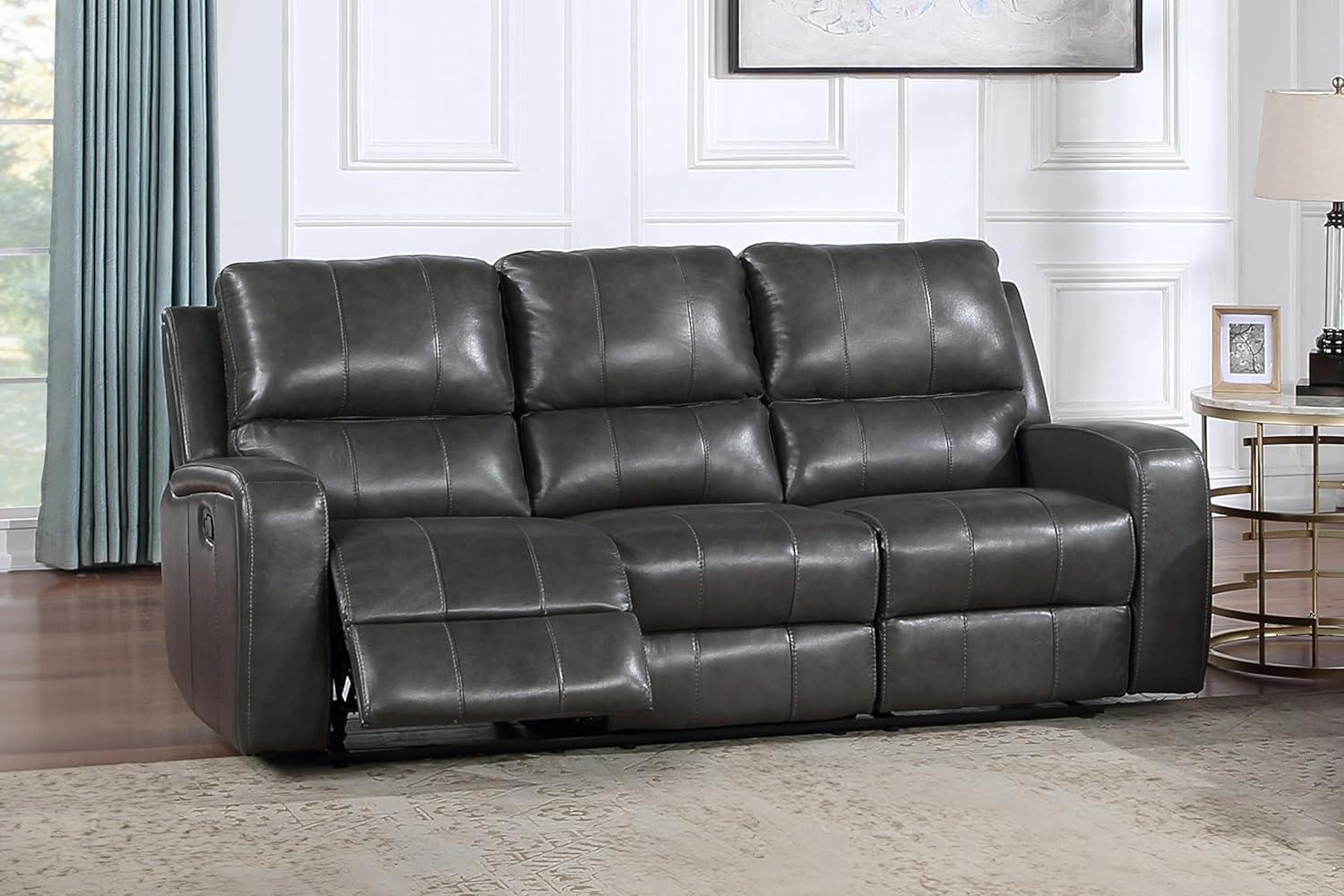 Dark Gray Leather Reclining Sofa with Track Arms