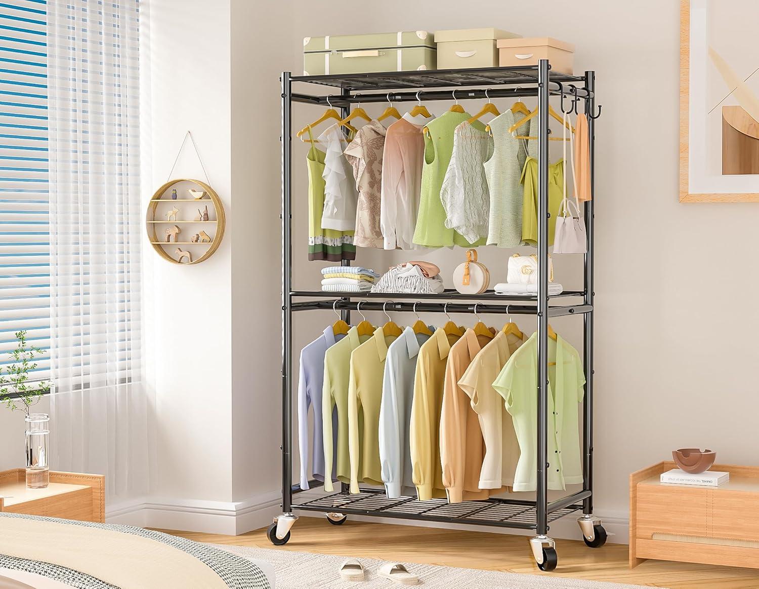 3 Tiers Rolling Clothes Rack With Wheels, Hanging Rods And Side Hooks
