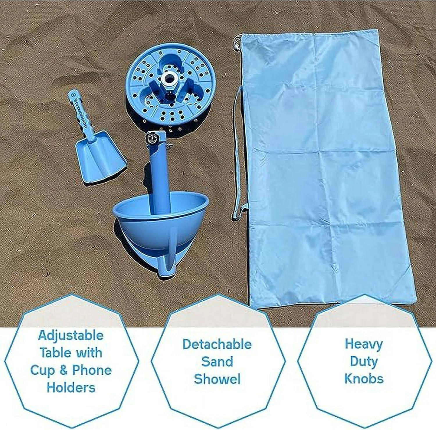 Anchor Works: Classic Beach Umbrella & AnchorONE Kit – Sky Blue - 7.5ft, Carry Bag, Sand Shovel & Drink Tray, UV-Protected, Outdoor Sun Canopy