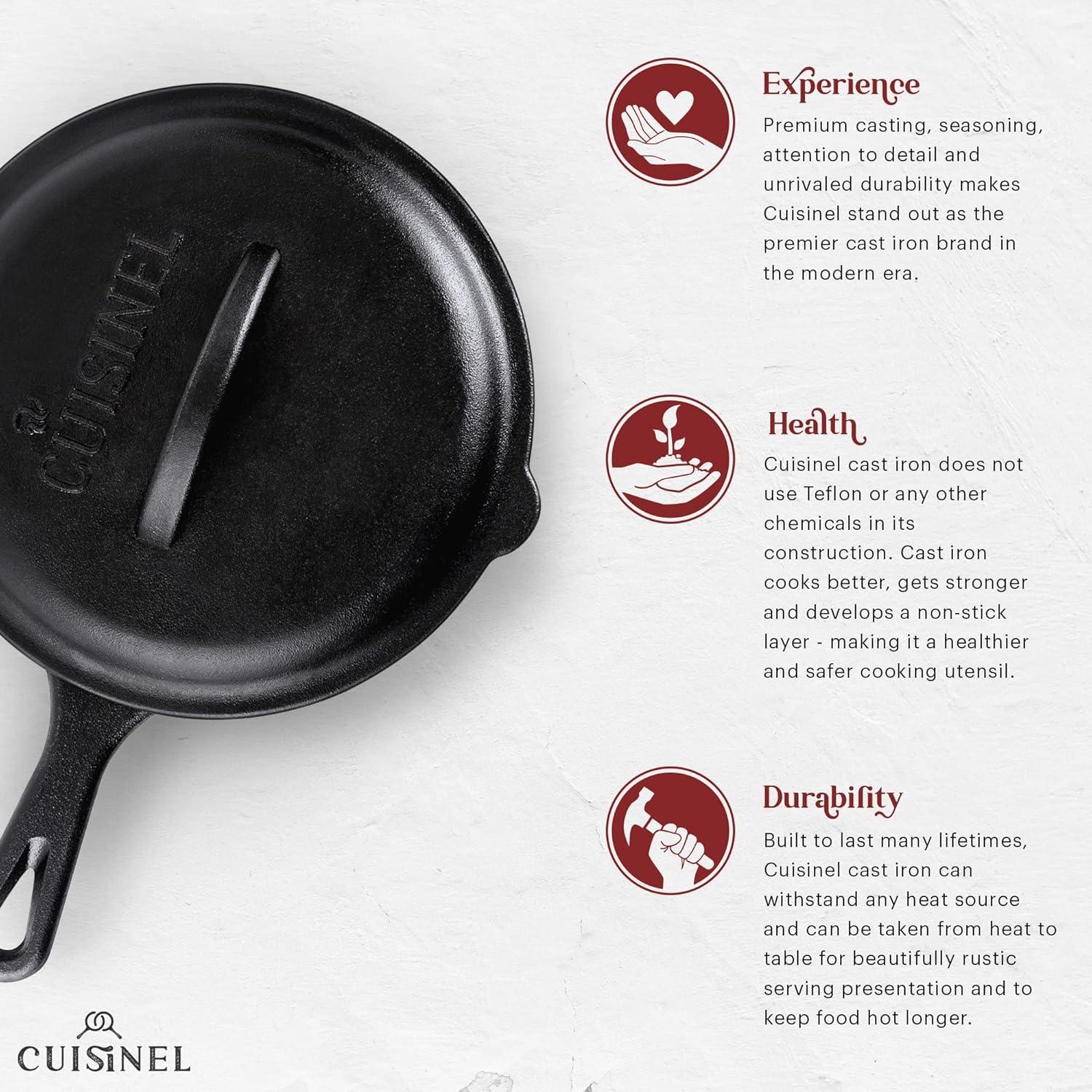 Cuisinel Cast Iron Skillet with Lid - 8"-inch Pre-Seasoned Covered Frying Pan Set + Silicone Handle and Lid Holders + Scraper/Cleaner