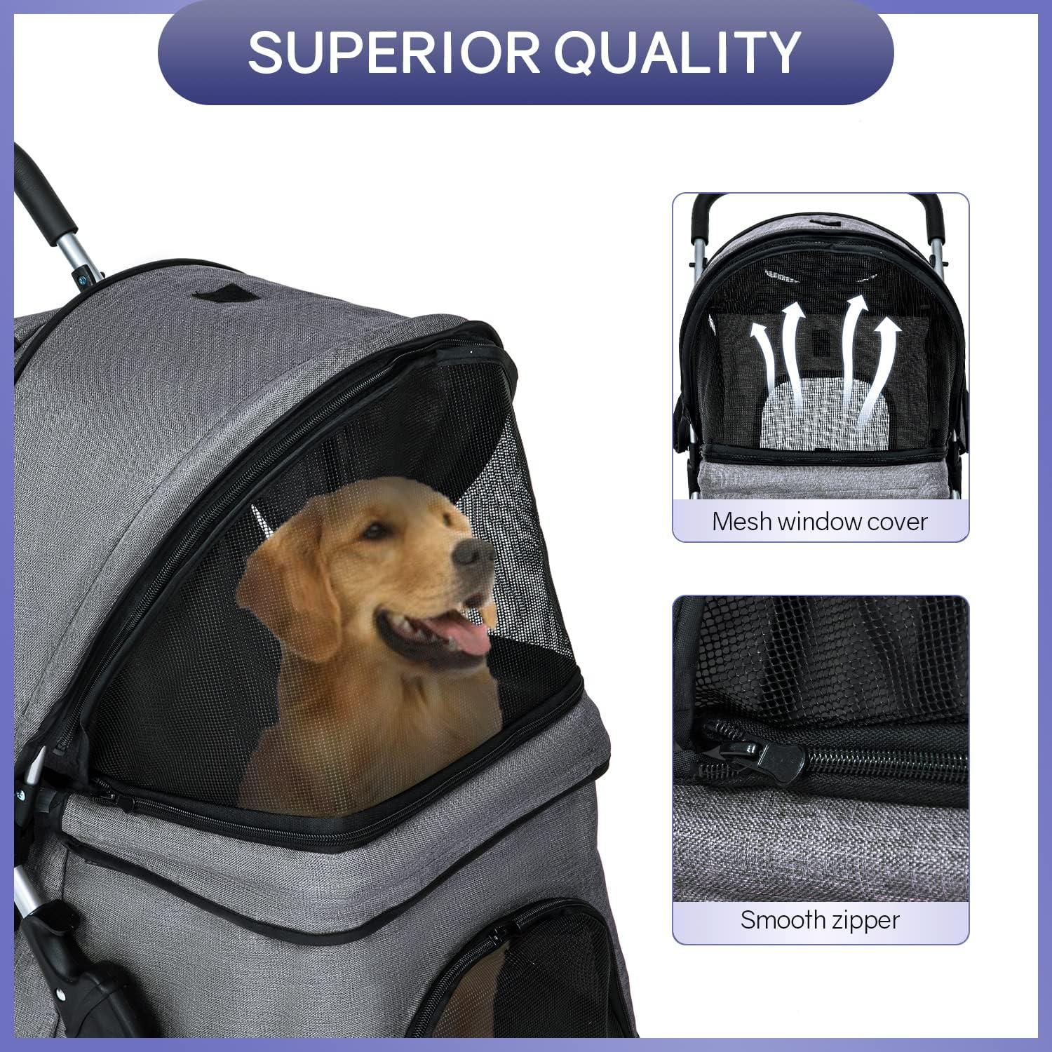 CL.HPAHKL 4 Wheels Pet Stroller, Dog Cat Jogger Stroller for Medium Small Dogs Cats Folding Lightweight Travel Stroller with Cup Holder, Gray