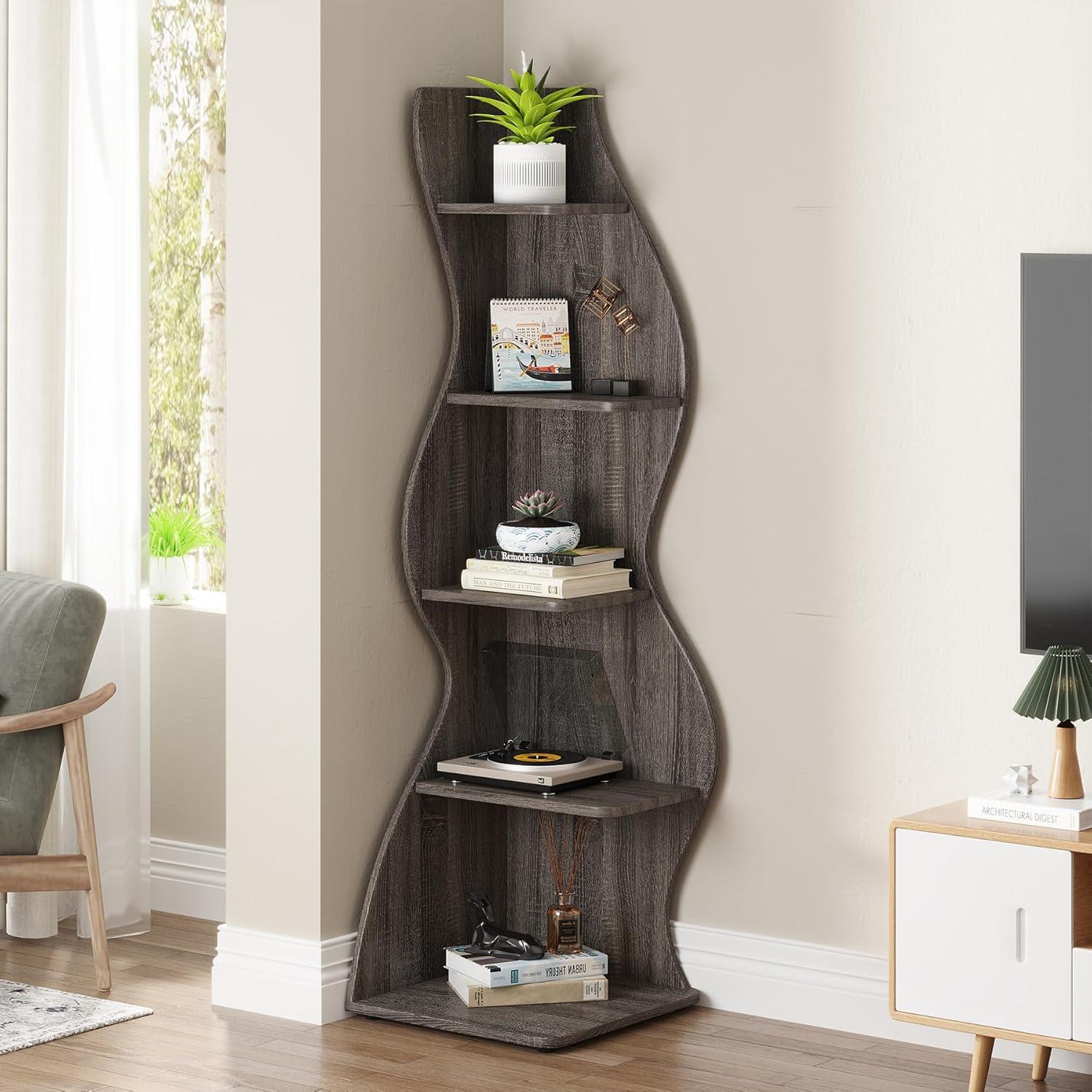 Gray 5-Tier Modern Corner Bookcase with Adjustable Shelves