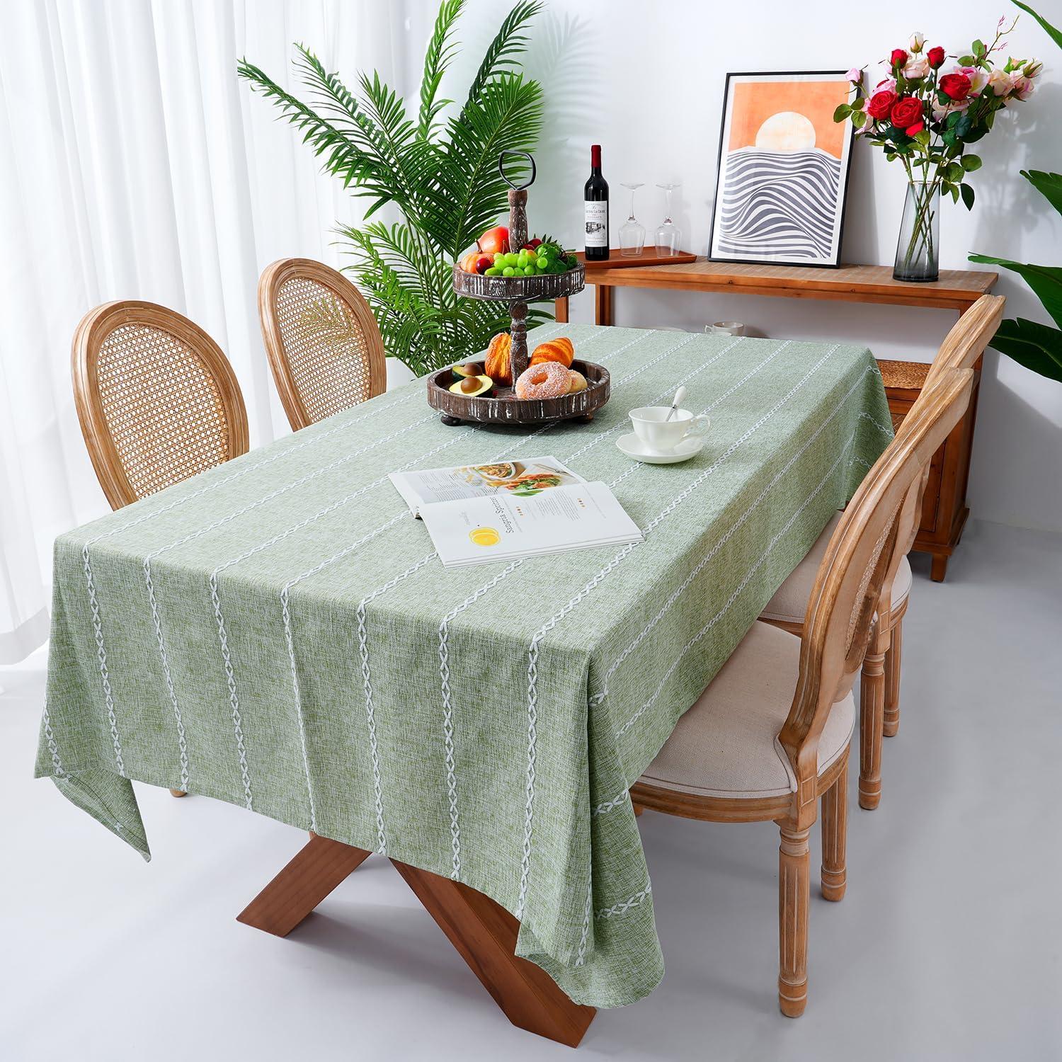 Sage Green Embroidered Cotton Linen Rectangular Tablecloth