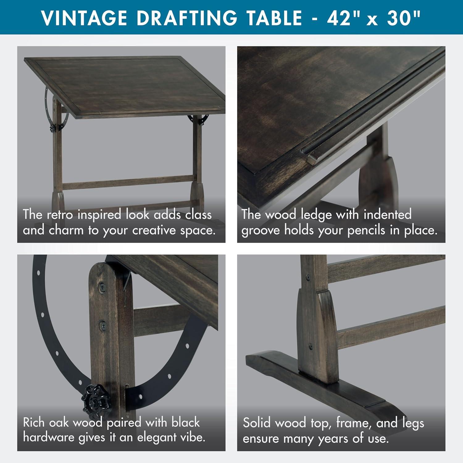 Vintage Solid Wood Drawing/Drafting Table with 42" x 30" Adjustable Tilting Top